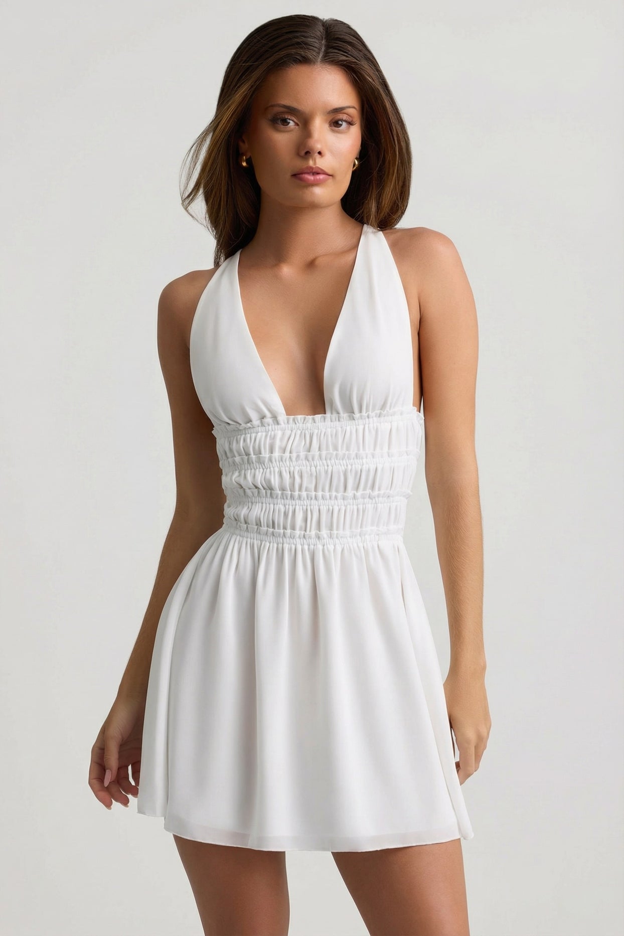 Plunge Cross-Back Mini Dress in White - 7