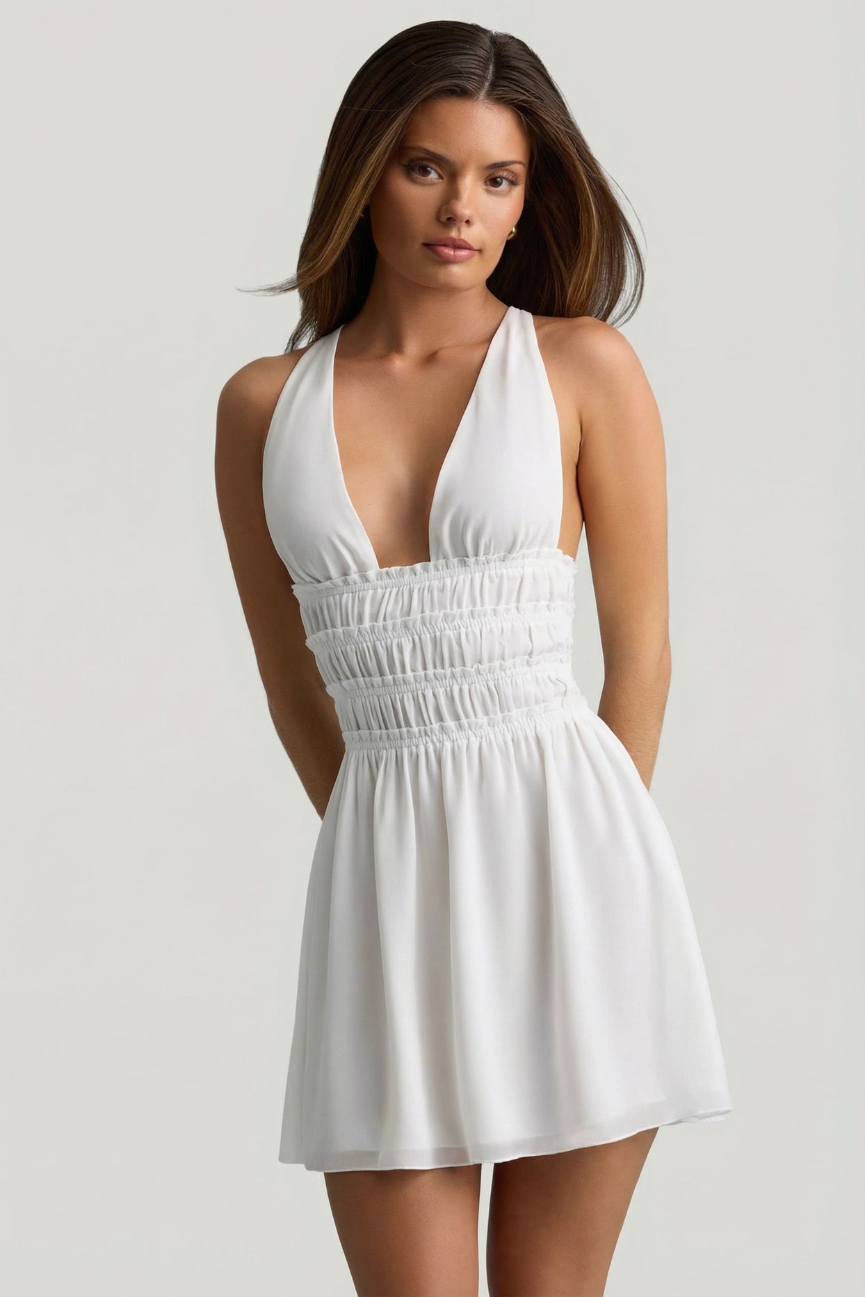 Plunge Cross-Back Mini Dress in White - 8