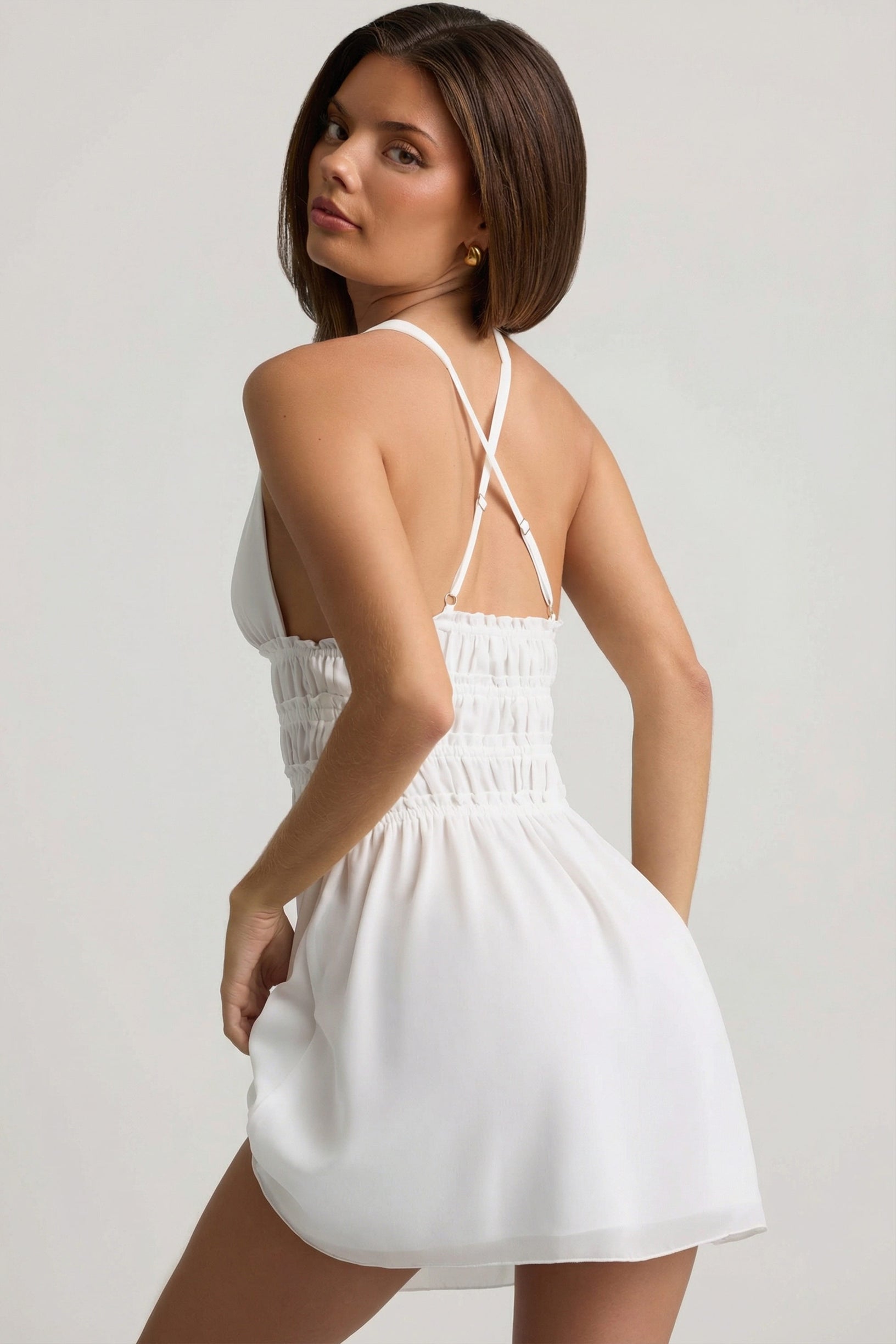 Plunge Cross-Back Mini Dress in White - 2