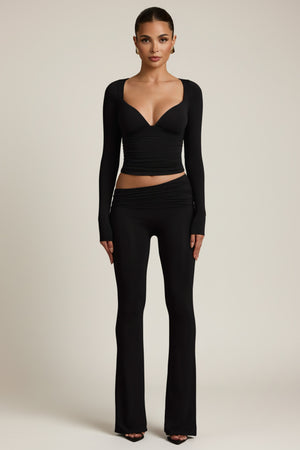 Modal Asymmetric-Waist Flared Trousers in Black