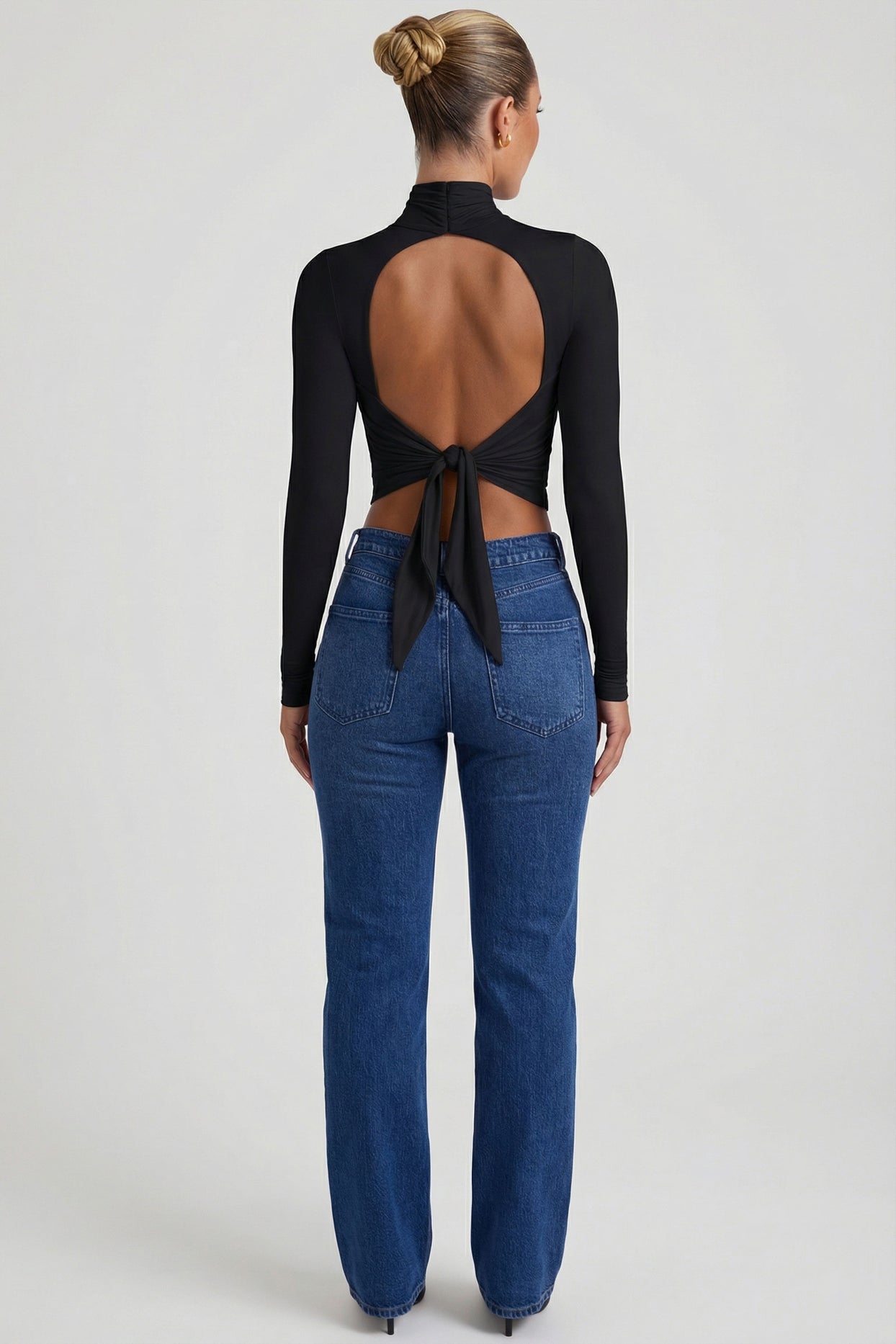 Cowl-Neck Tie-Back Top in Black - 4