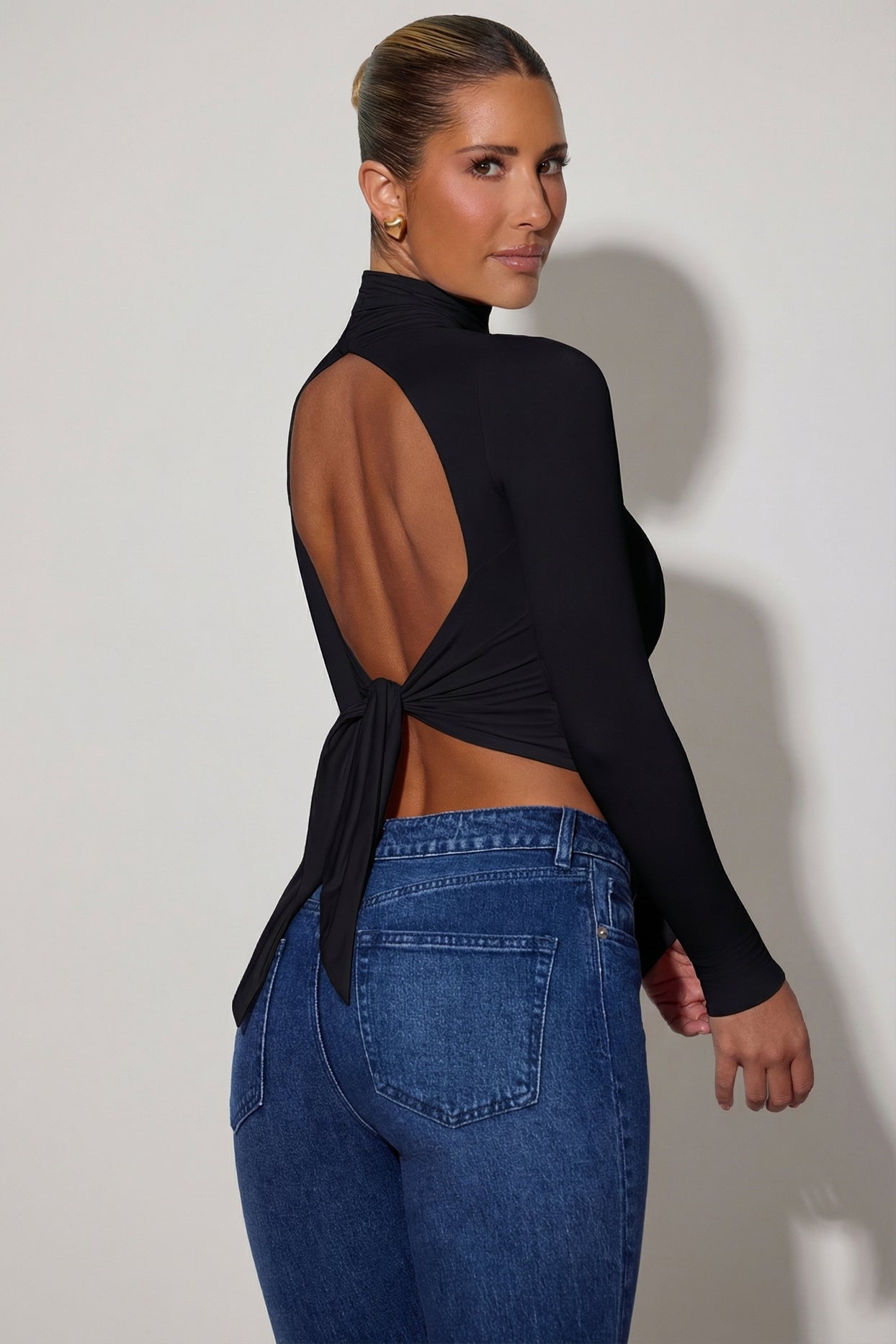 Cowl-Neck Tie-Back Top in Black - 6