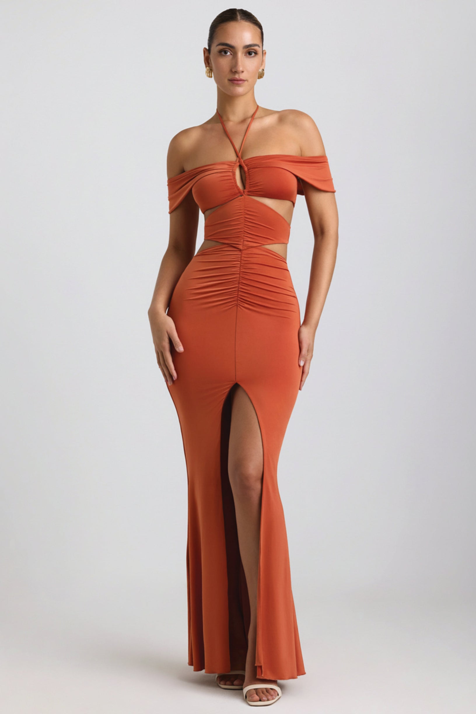 Slinky Jersey Cut-Out Halterneck Gown in Burnt Orange - 1