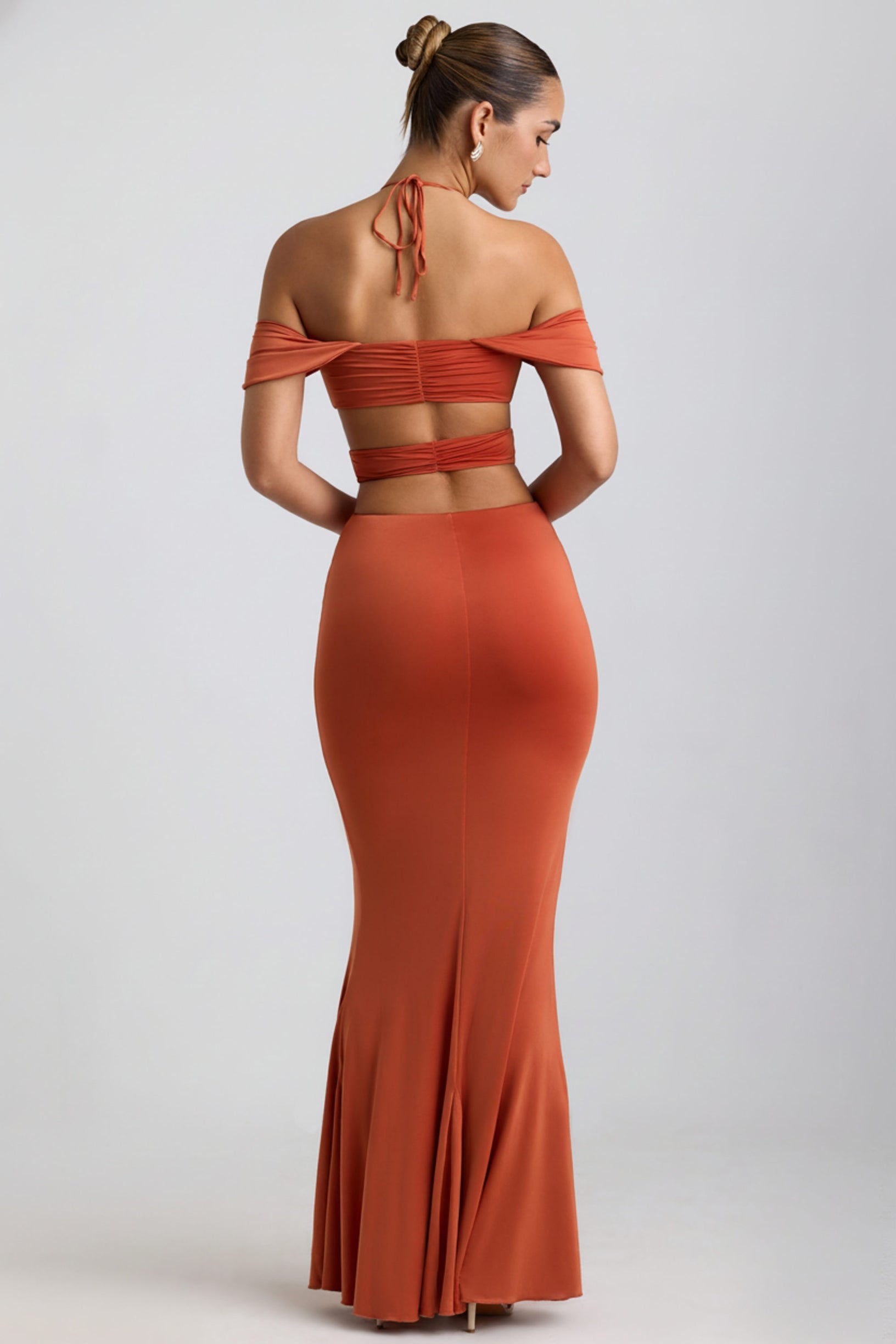 Slinky Jersey Cut-Out Halterneck Gown in Burnt Orange - 2