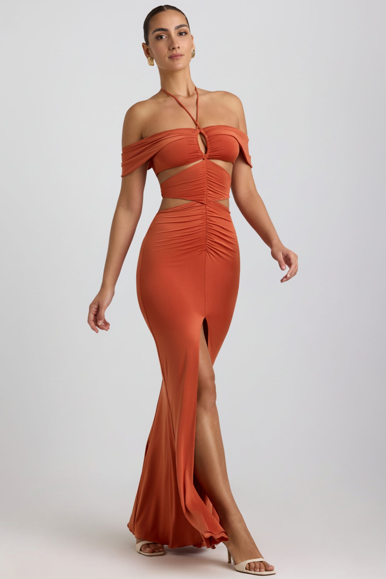 Slinky Jersey Cut-Out Halterneck Gown in Burnt Orange - 5