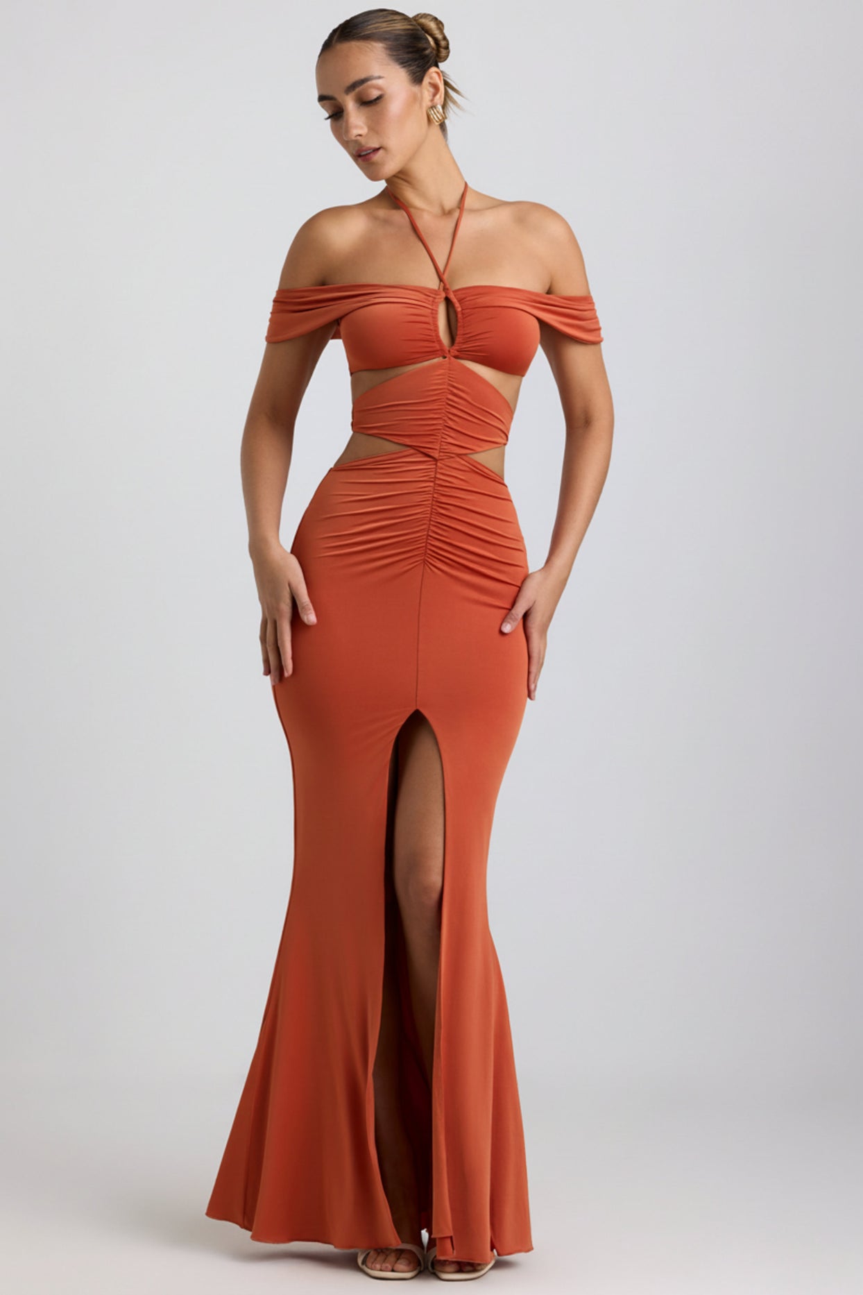 Slinky Jersey Cut-Out Halterneck Gown in Burnt Orange - 7