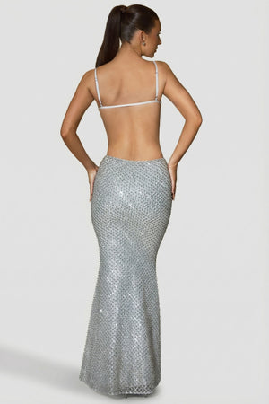 Embellished Cut-Out Gown in Silver