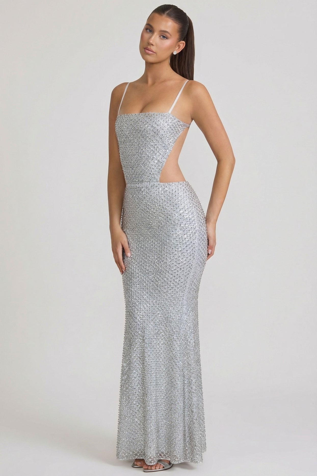 Embellished Cut-Out Gown in Silver - 8