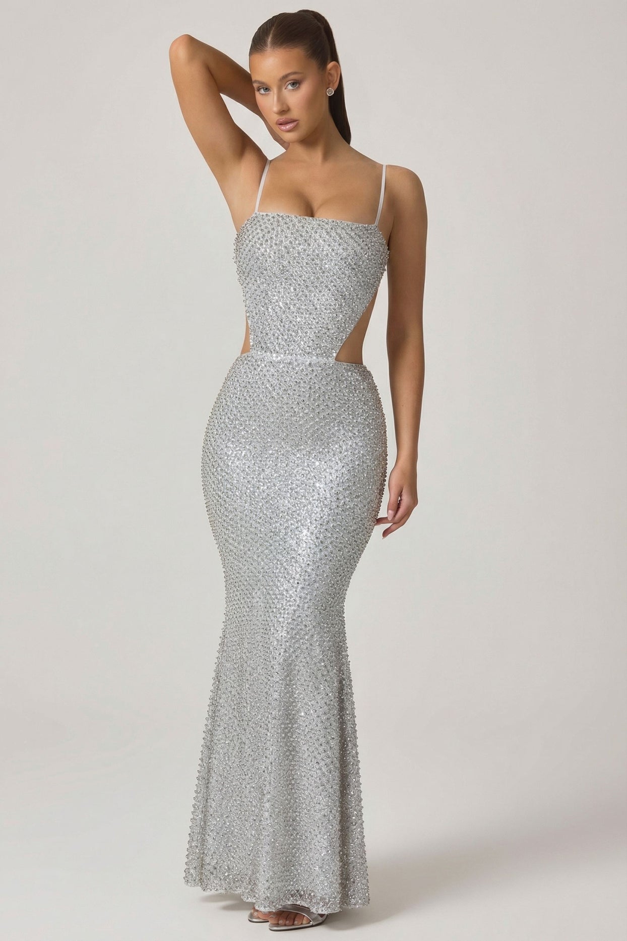 Embellished Cut-Out Gown in Silver - 9