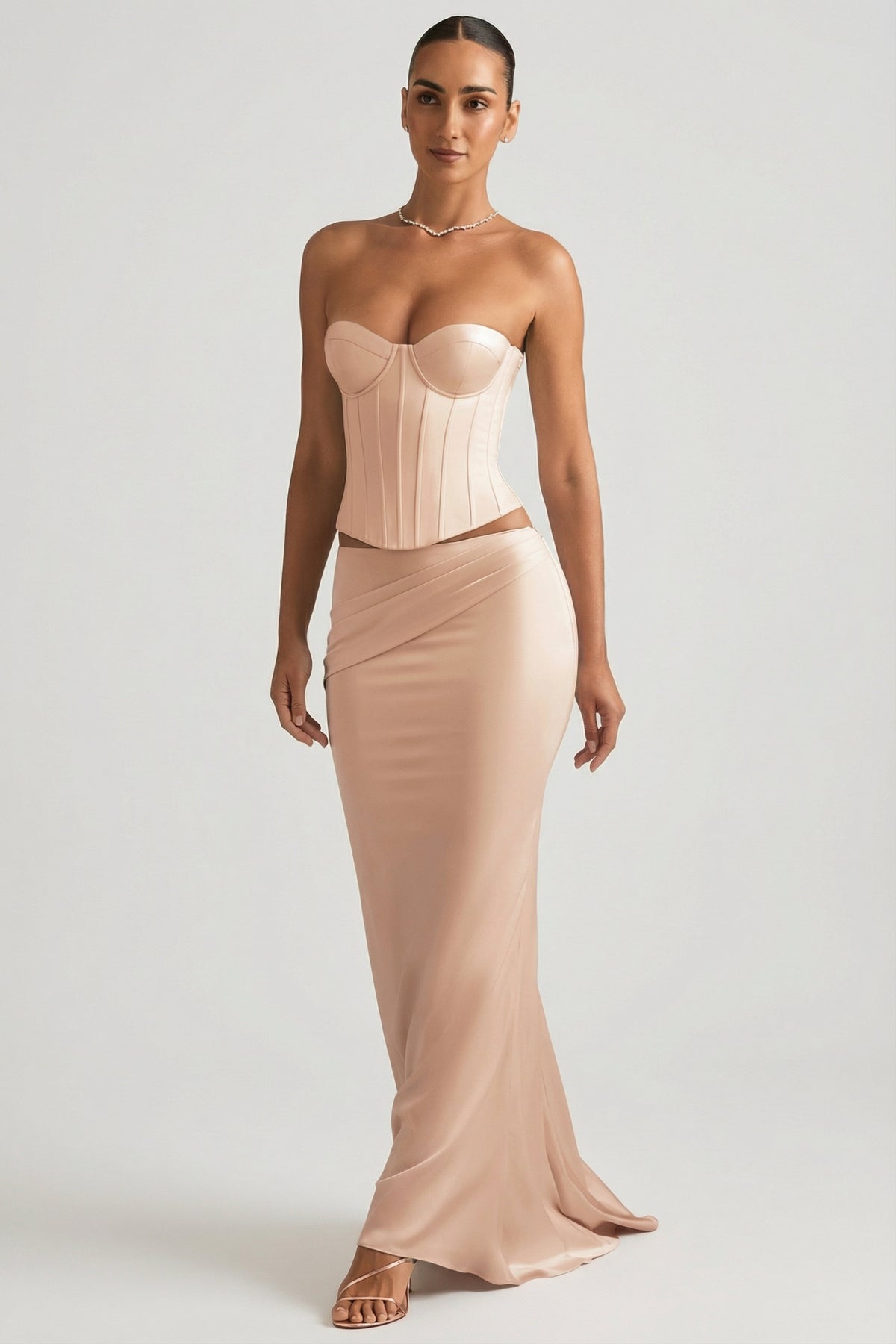 Draped Low-Rise Maxi Skirt in Beige Gold