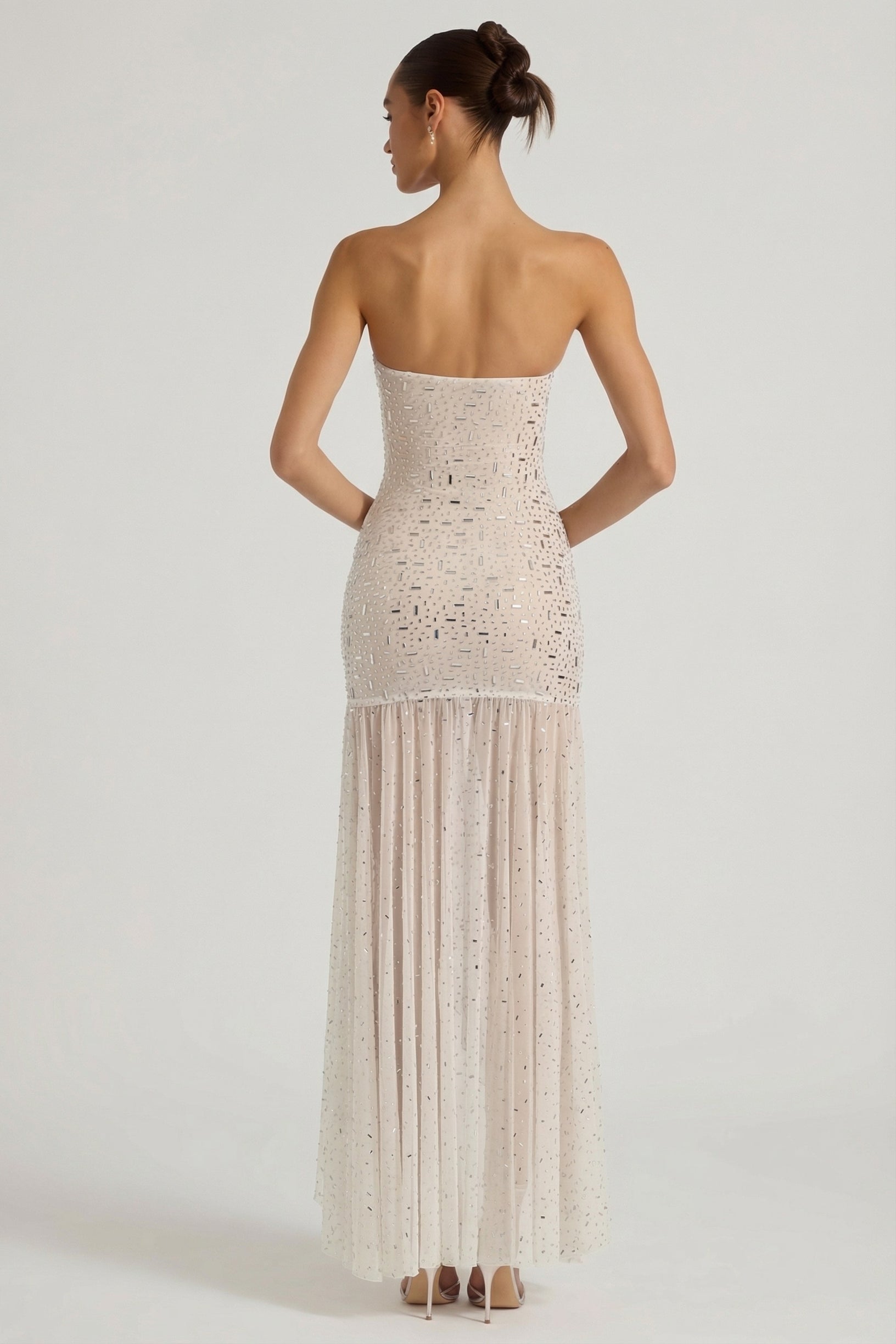 Semi-Sheer Embellished Asymmetric Maxi Dress in White - 2