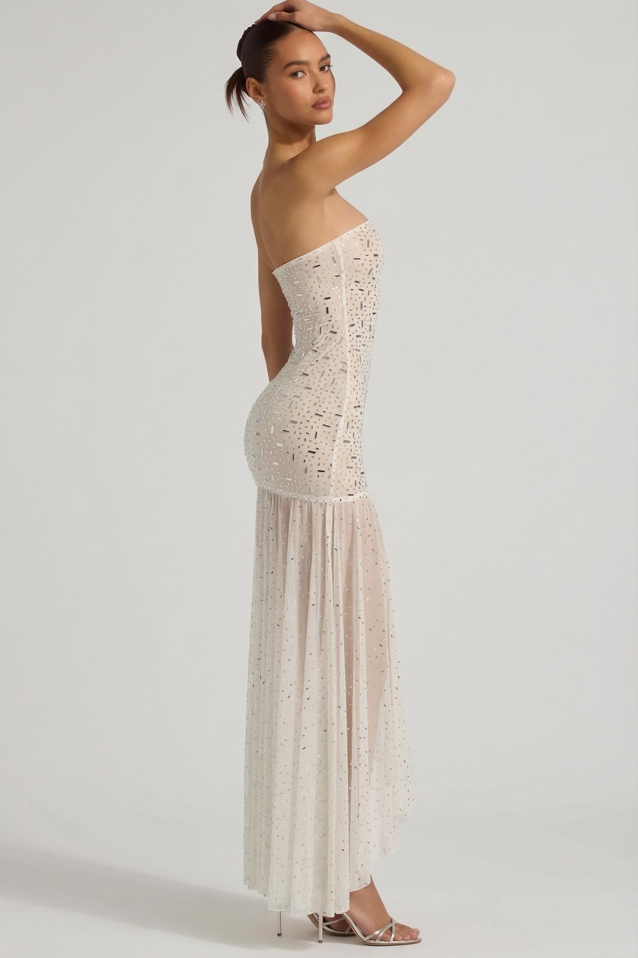 Semi-Sheer Embellished Asymmetric Maxi Dress in White - 5