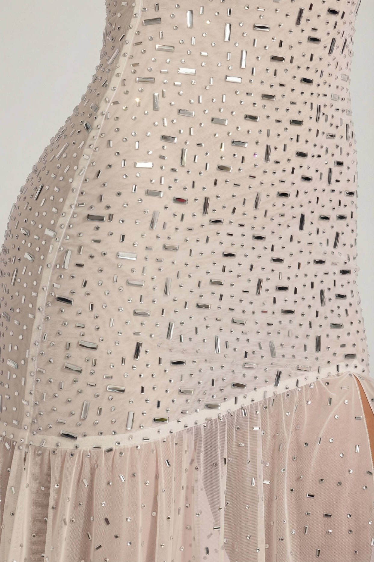 Semi-Sheer Embellished Asymmetric Maxi Dress in White - 4