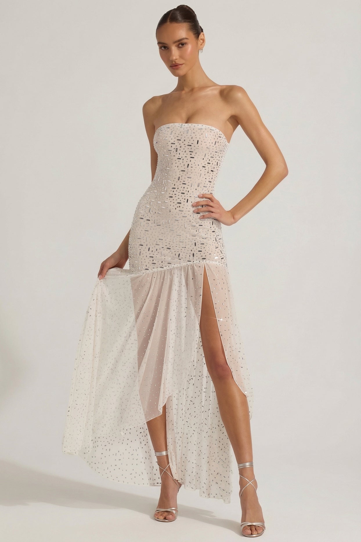 Semi-Sheer Embellished Asymmetric Maxi Dress in White - 1