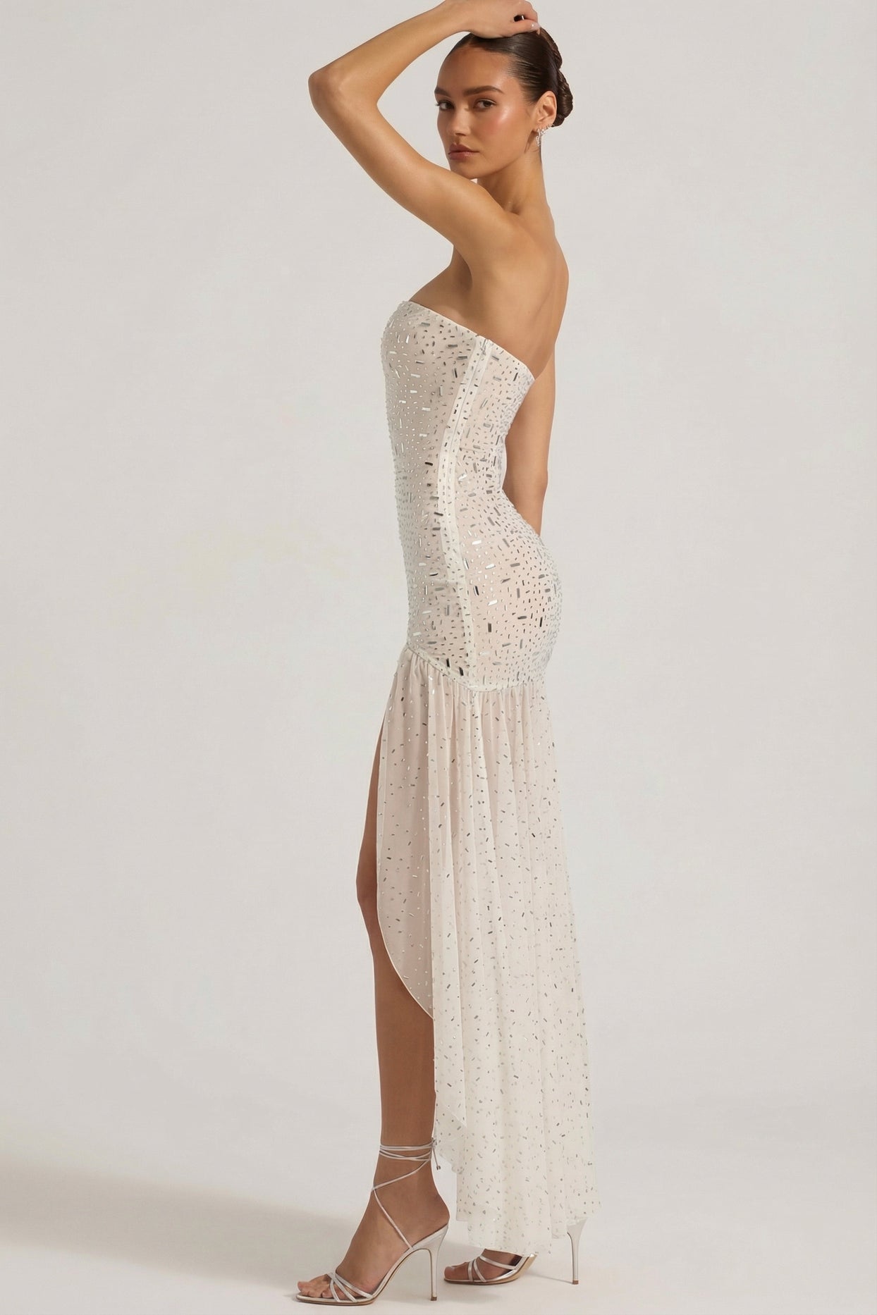 Semi-Sheer Embellished Asymmetric Maxi Dress in White - 6