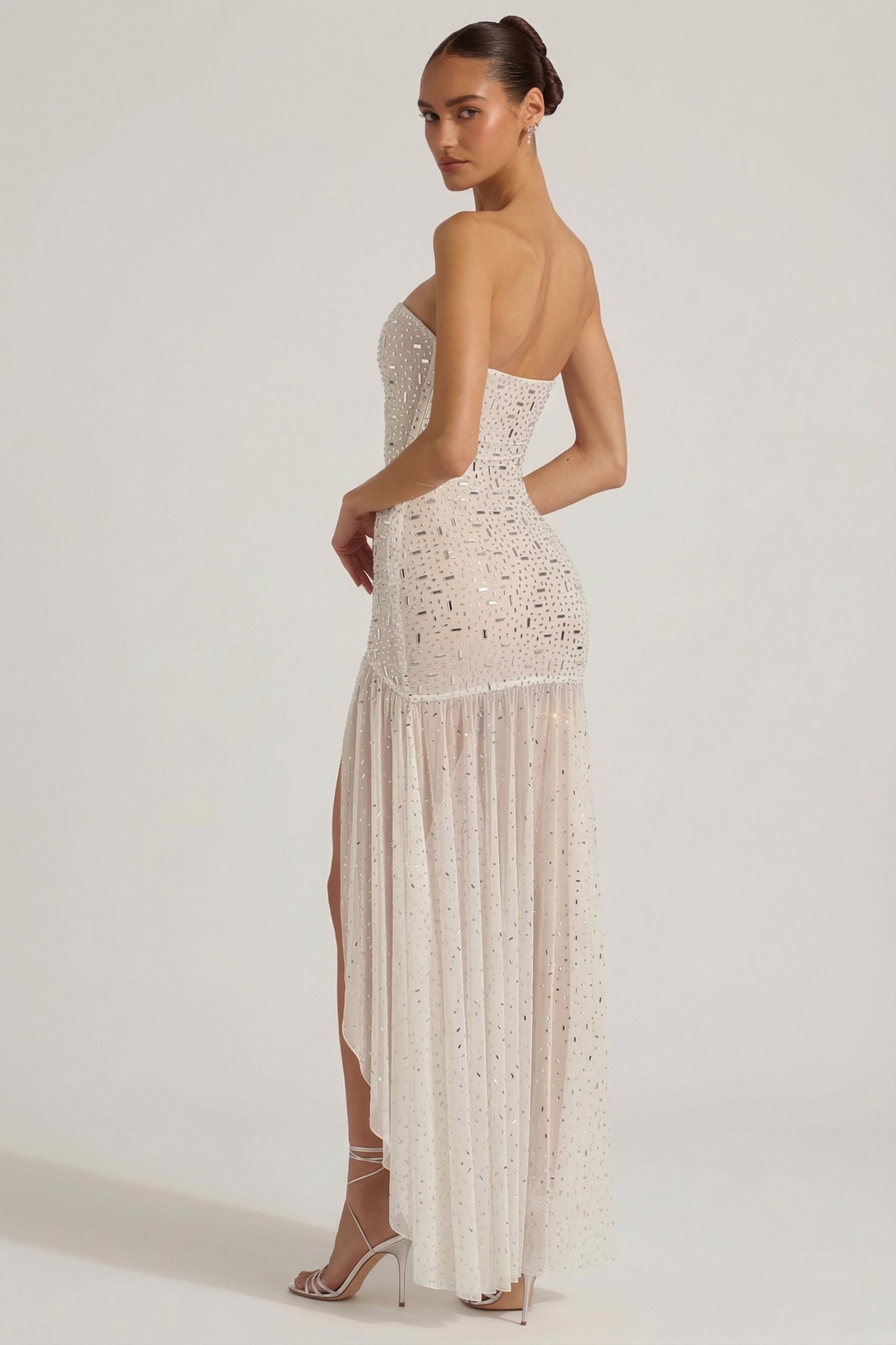 Semi-Sheer Embellished Asymmetric Maxi Dress in White - 7
