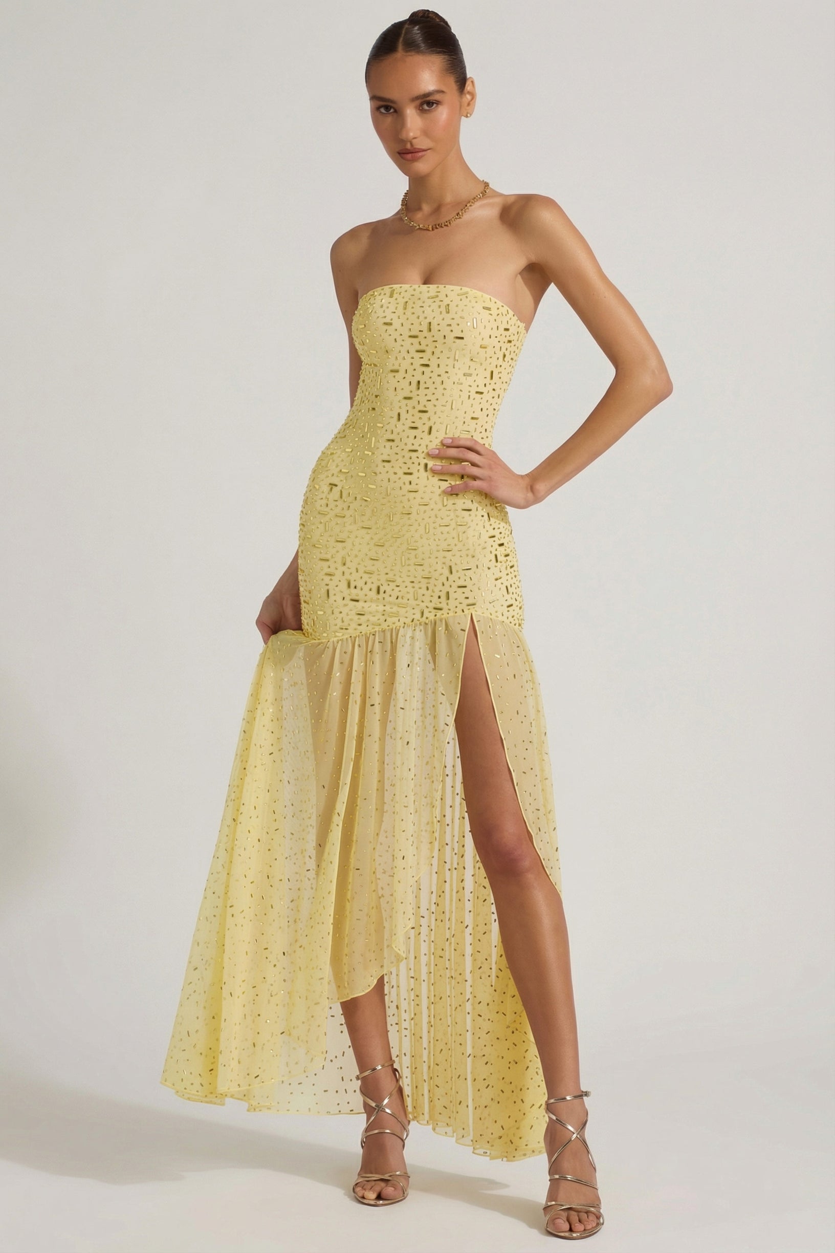 Semi-Sheer Embellished Asymmetric Maxi Dress in Yellow - 1