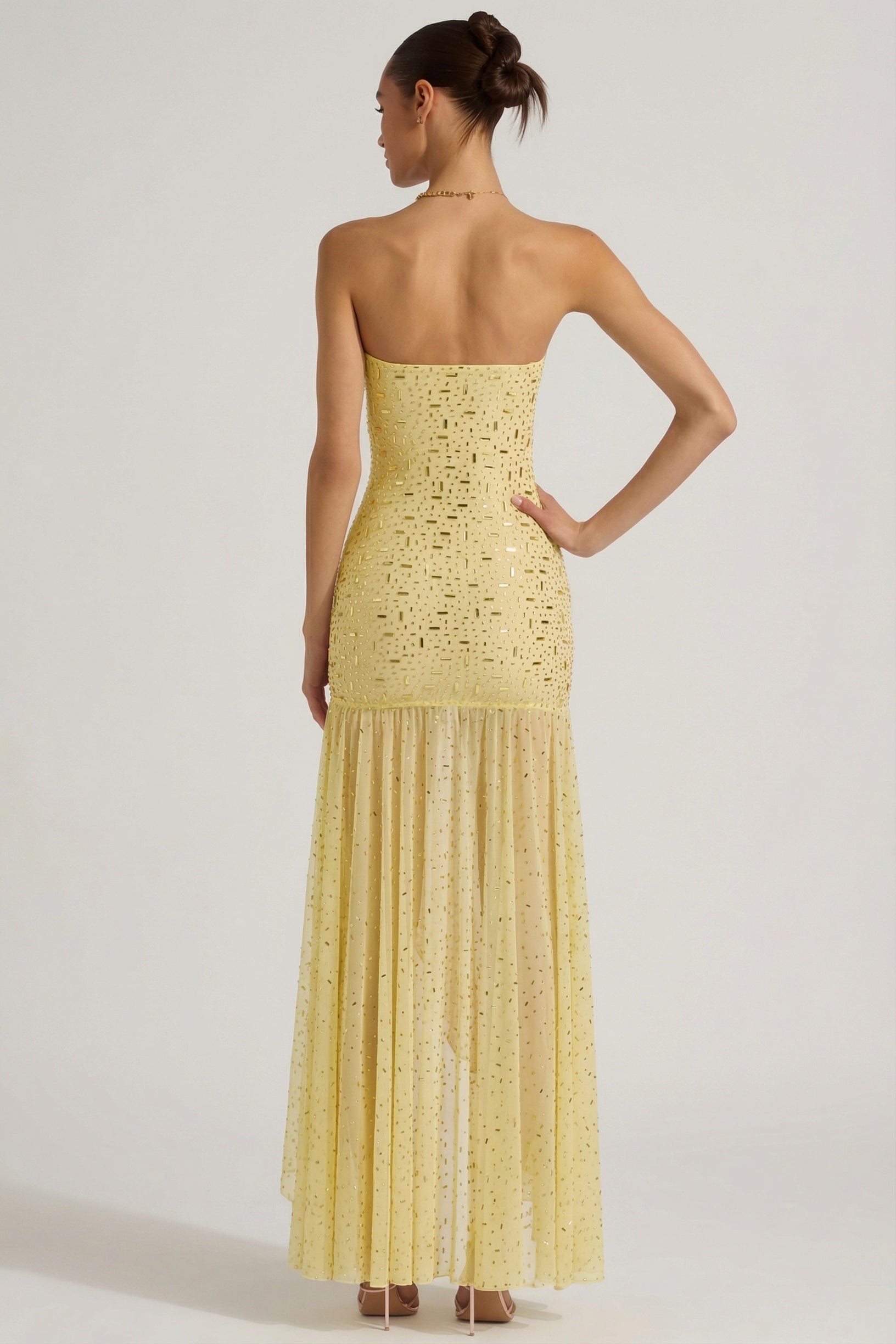 Semi-Sheer Embellished Asymmetric Maxi Dress in Yellow - 2
