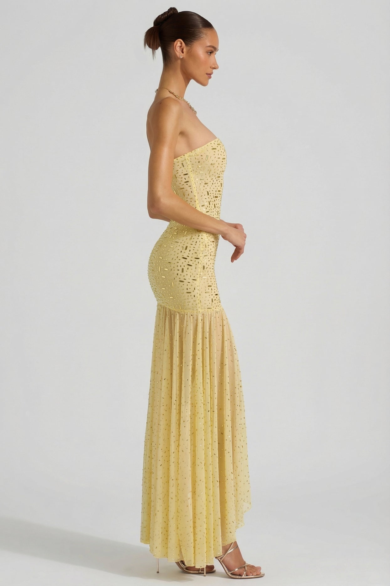 Semi-Sheer Embellished Asymmetric Maxi Dress in Yellow - 4