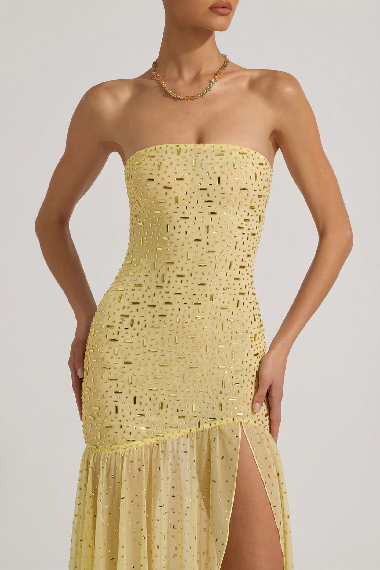 Semi-Sheer Embellished Asymmetric Maxi Dress in Yellow - 3