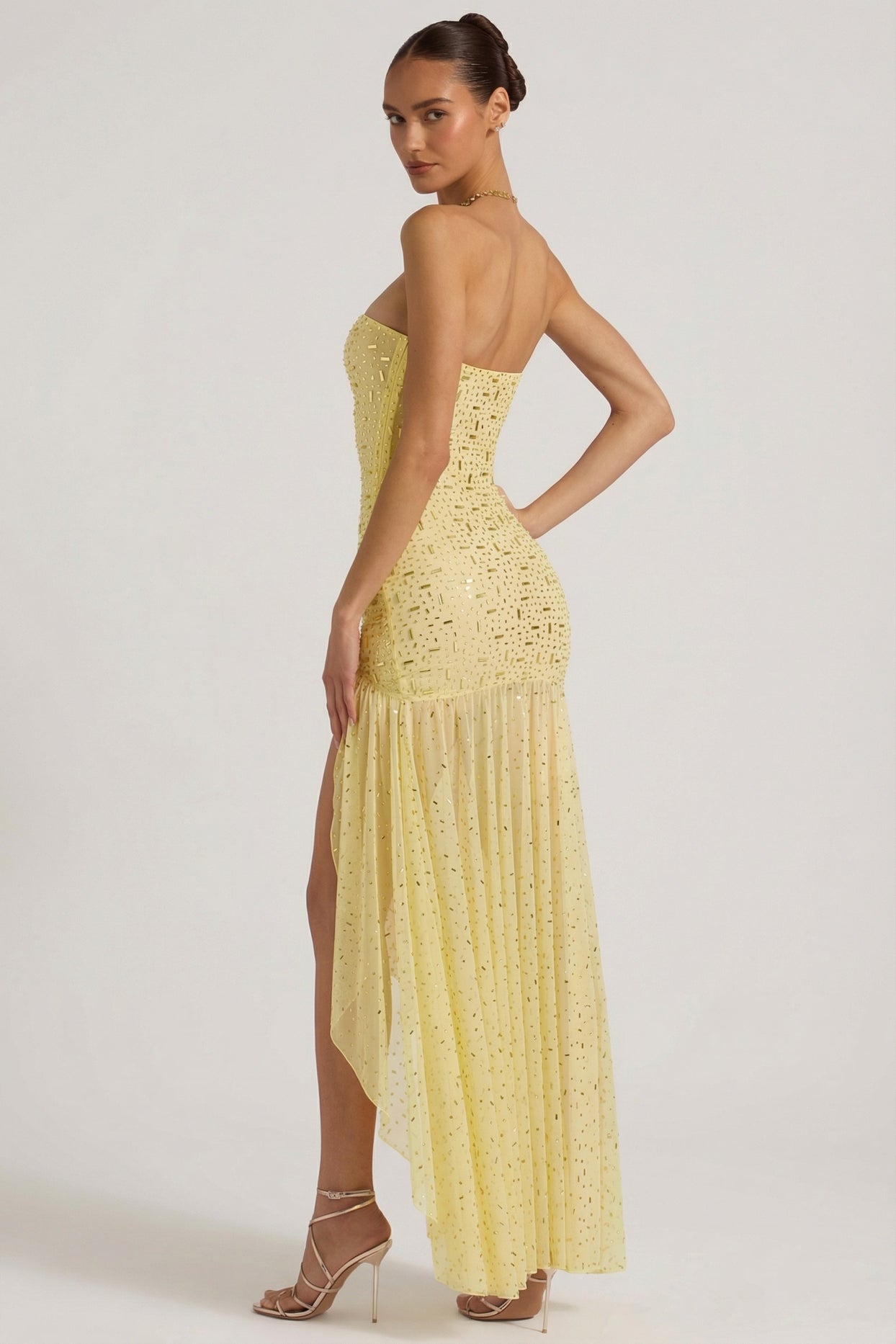 Semi-Sheer Embellished Asymmetric Maxi Dress in Yellow - 6
