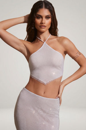 Oh Polly's Lini wearing the Kiva Crop Top in Silver Rhinestone fabric perfect for clubbing with friends