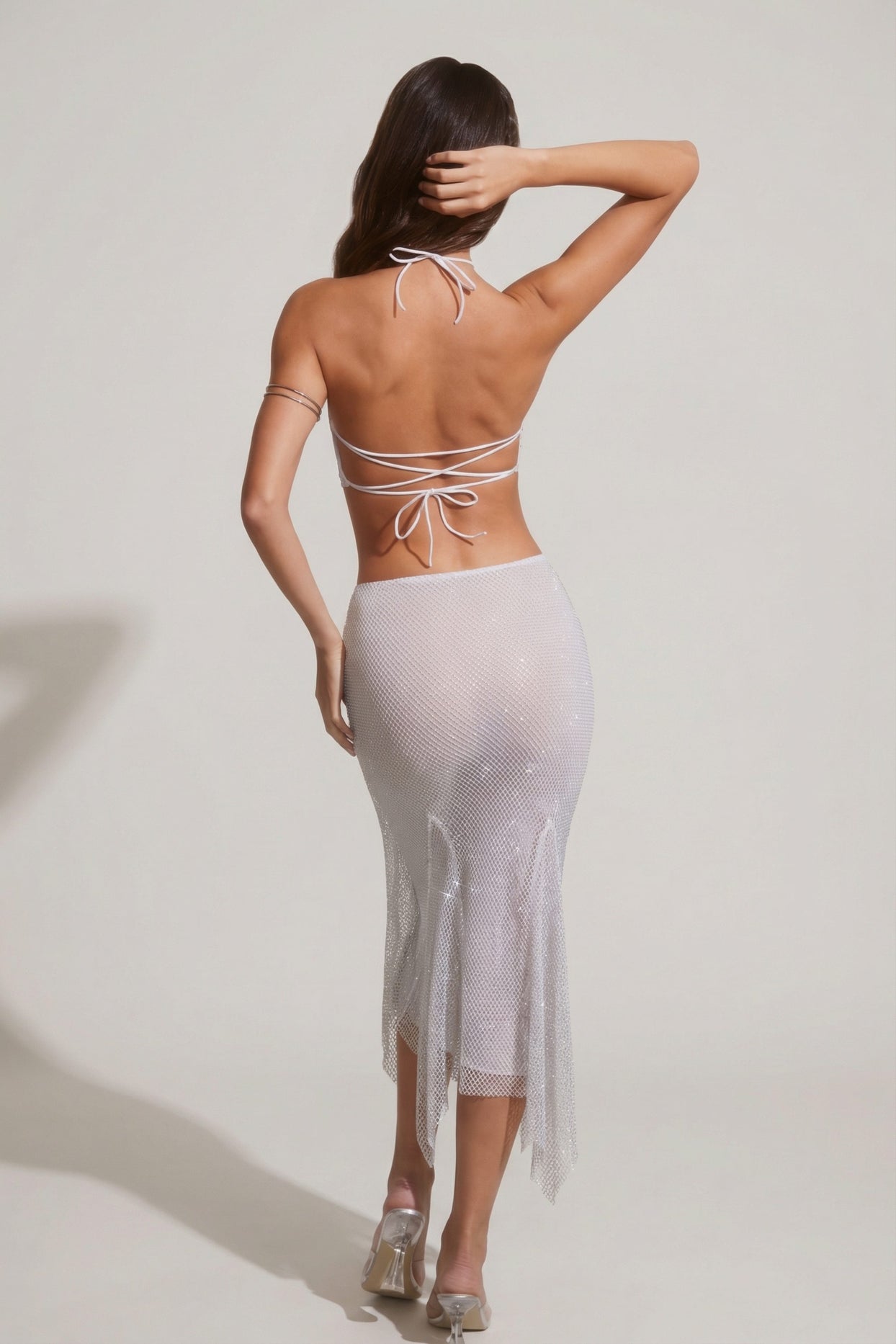 Embellished Open Back Crop Top in Silver - 3