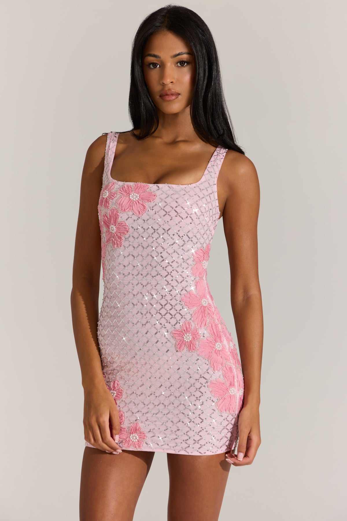 Embellished Square-Neck Mini Dress in Blossom Pink