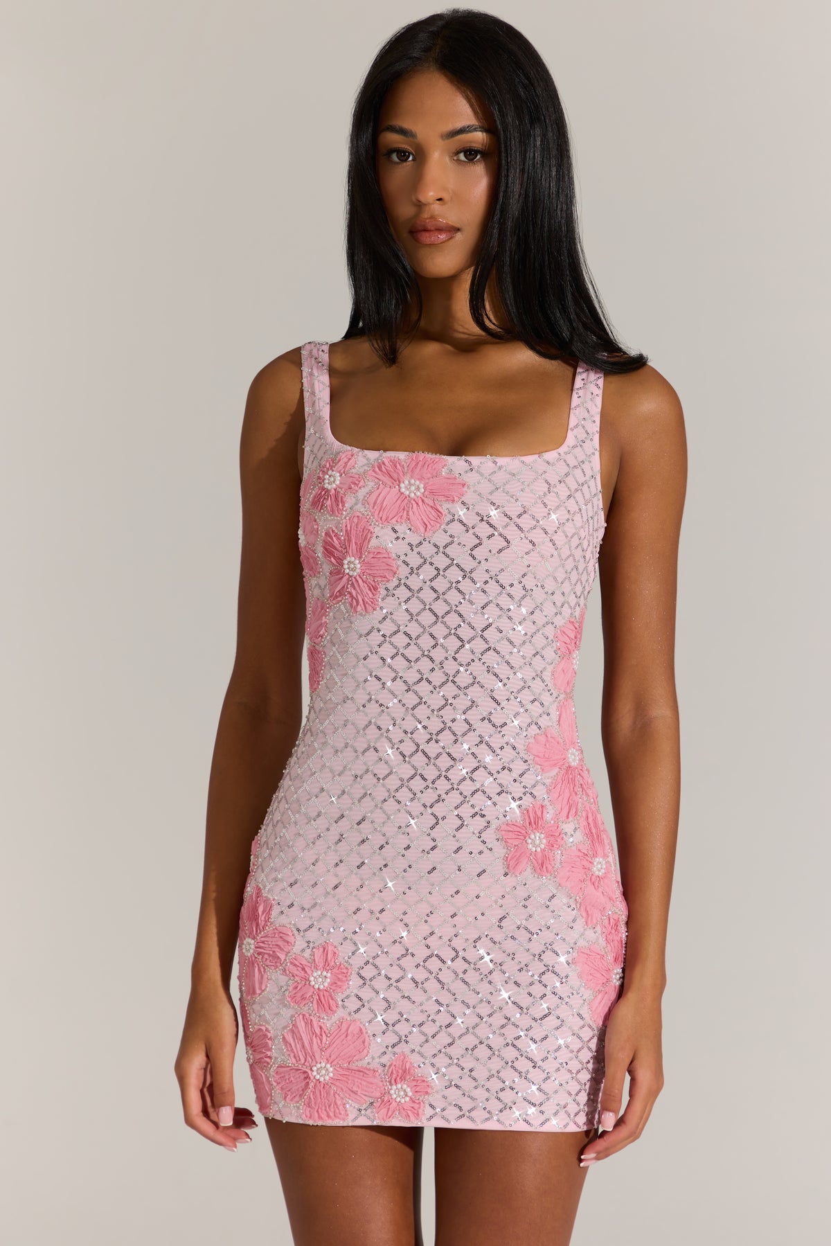 Embellished Square-Neck Mini Dress in Blossom Pink