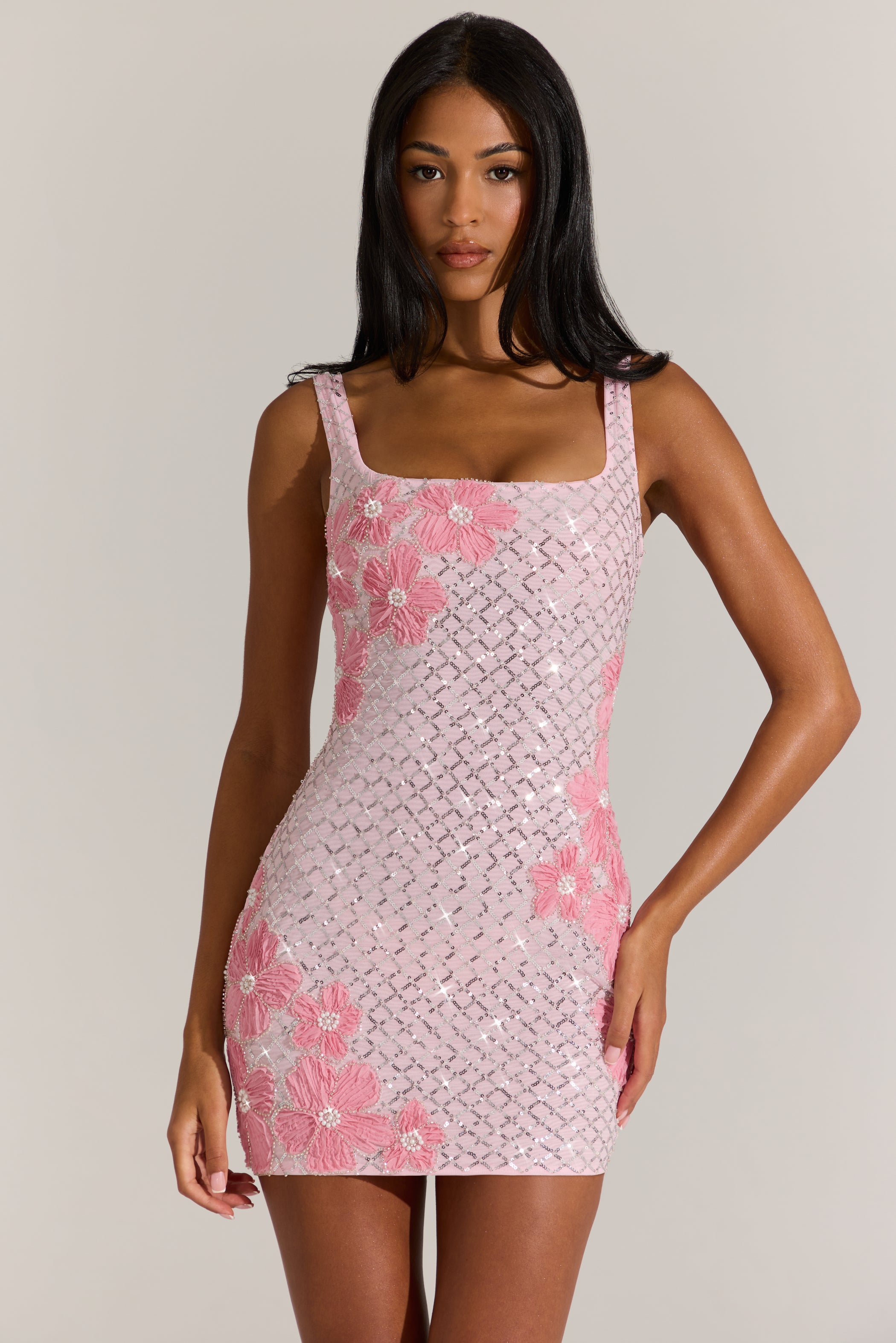 Embellished Square-Neck Mini Dress in Blossom Pink