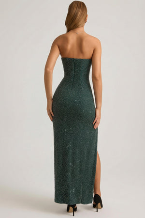Oh Polly's Priscilla wearing the LaRochette Midaxi Dress in Green Embellished fabric perfect for cocktail parties