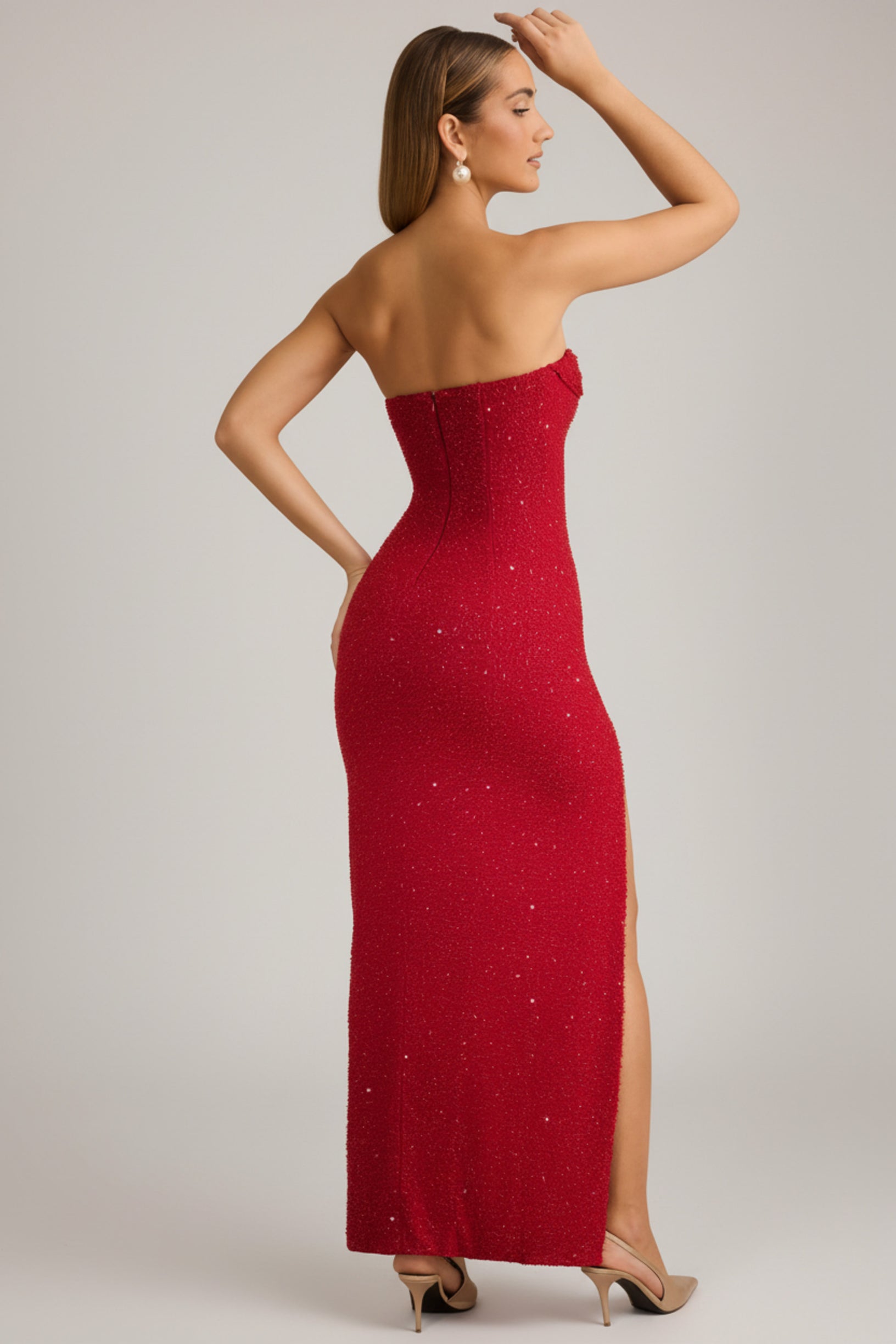 Embellished Strapless Cowl-Neck Maxi Dress in True Red - 2