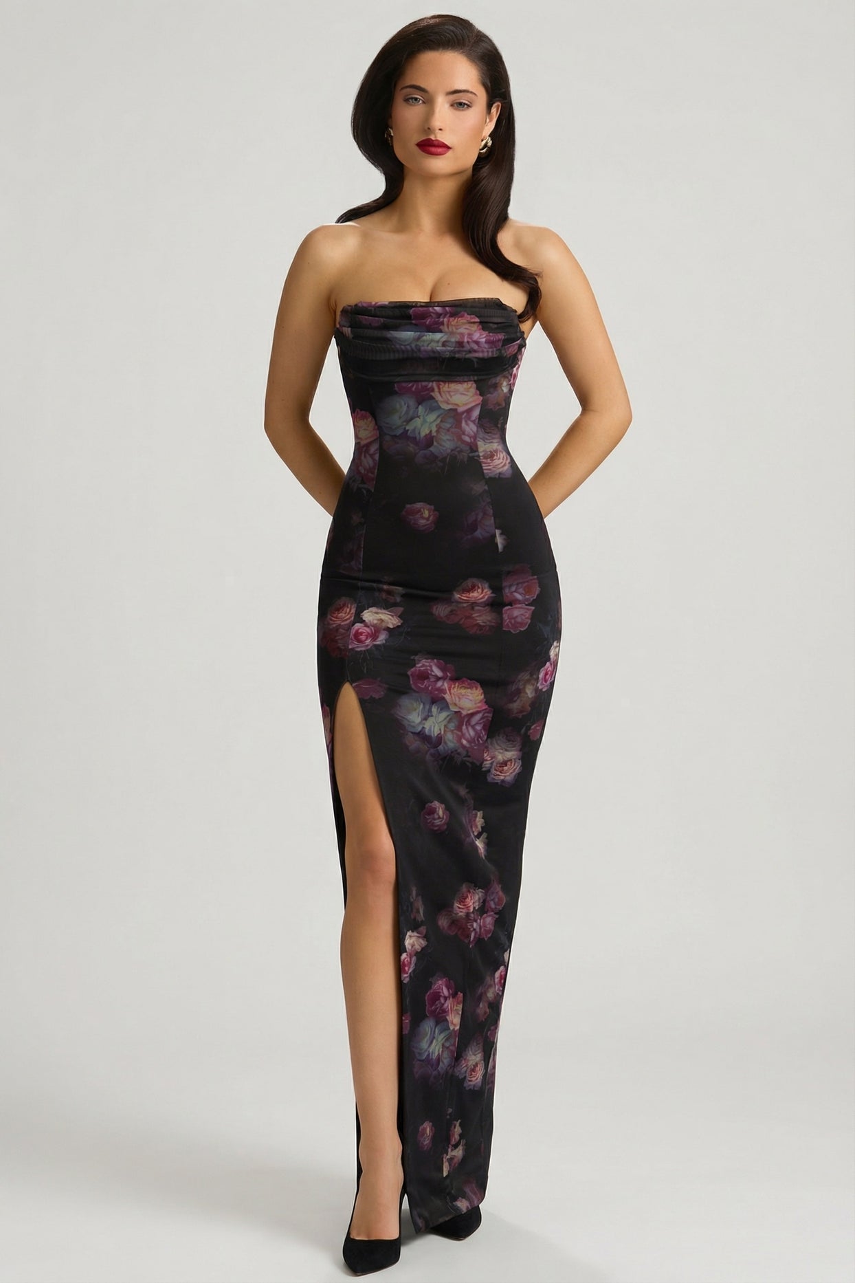 Bandeau Cowl-Neck Maxi Dress in Black Floral Print - 9