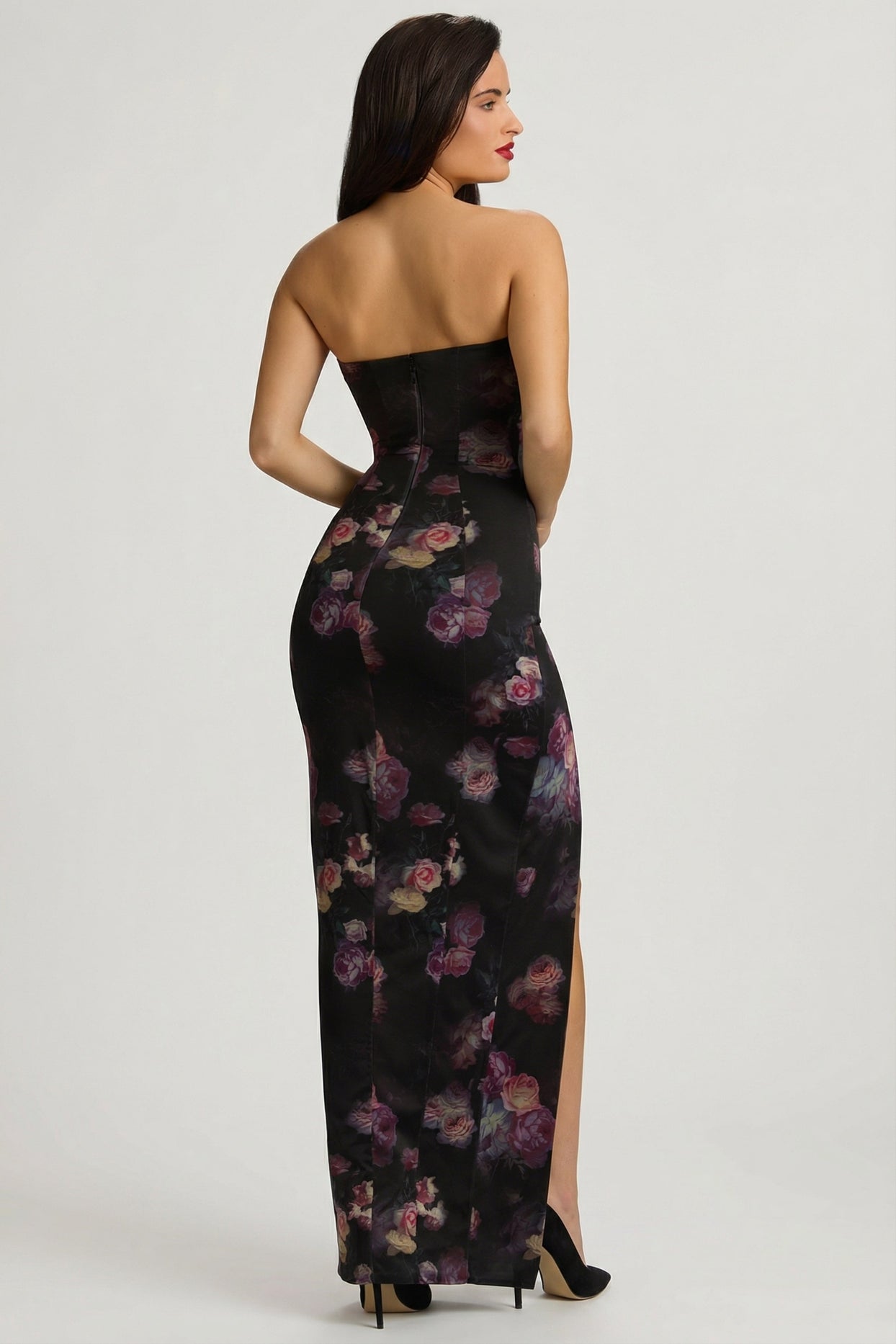 Bandeau Cowl-Neck Maxi Dress in Black Floral Print - 10