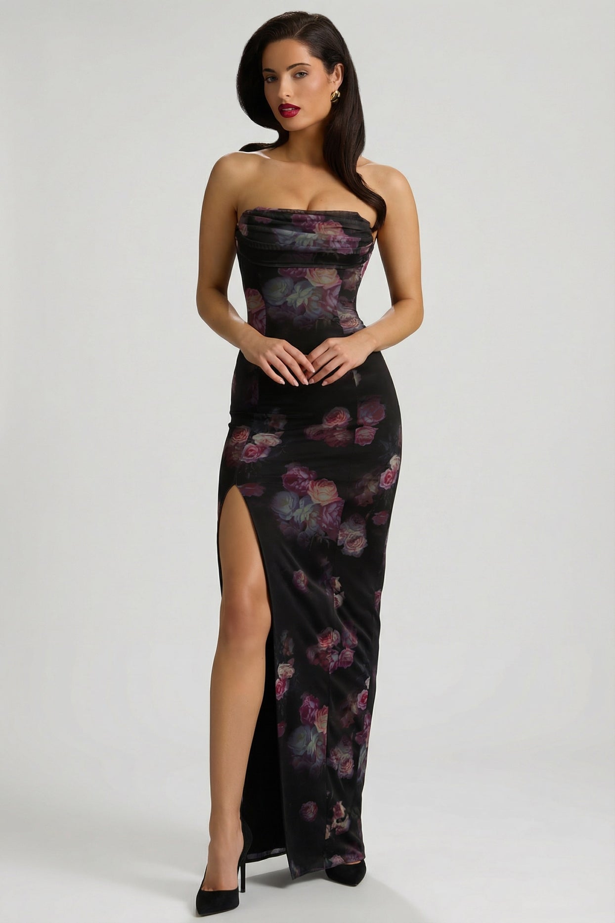 Bandeau Cowl-Neck Maxi Dress in Black Floral Print - 13