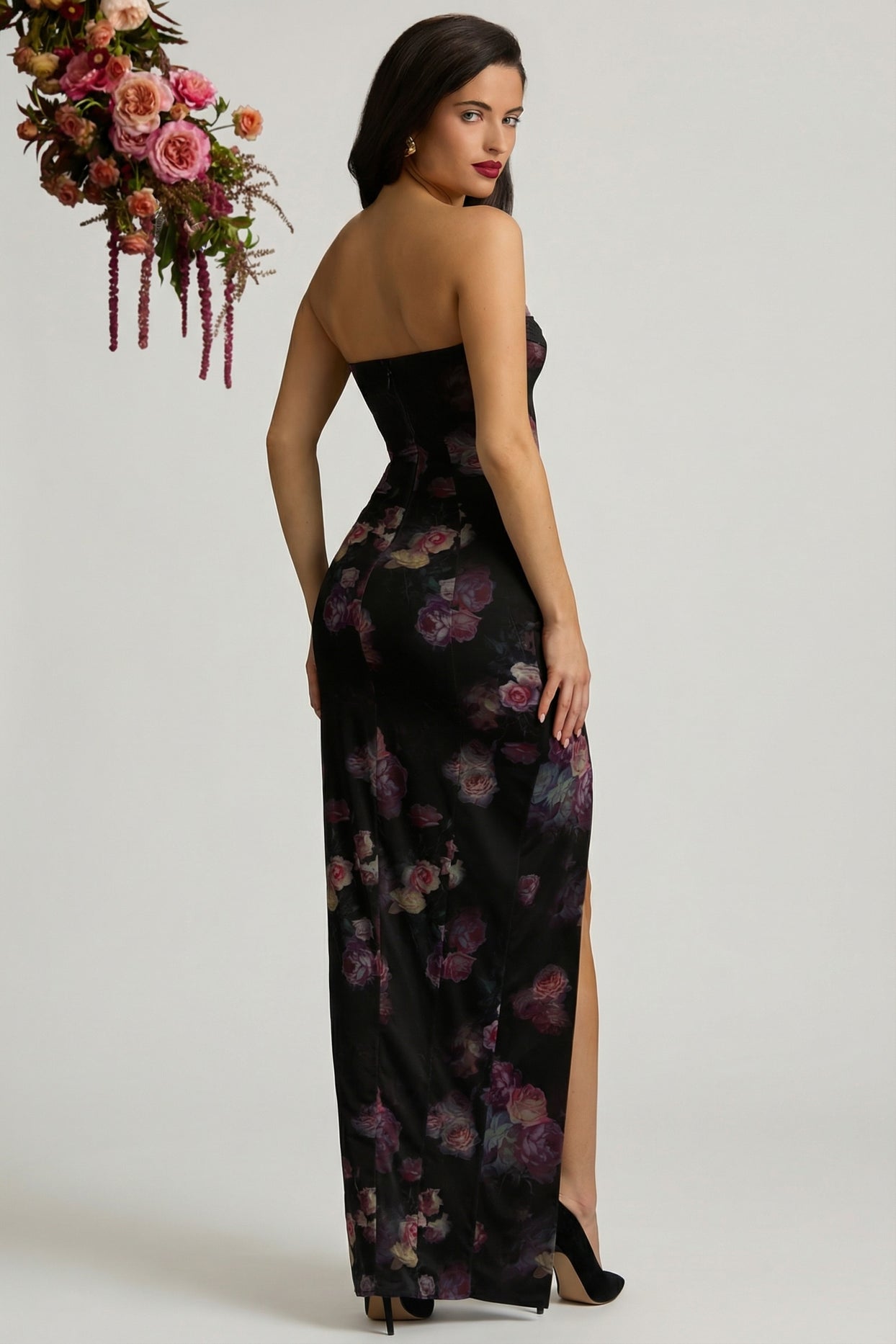Bandeau Cowl-Neck Maxi Dress in Black Floral Print - 15