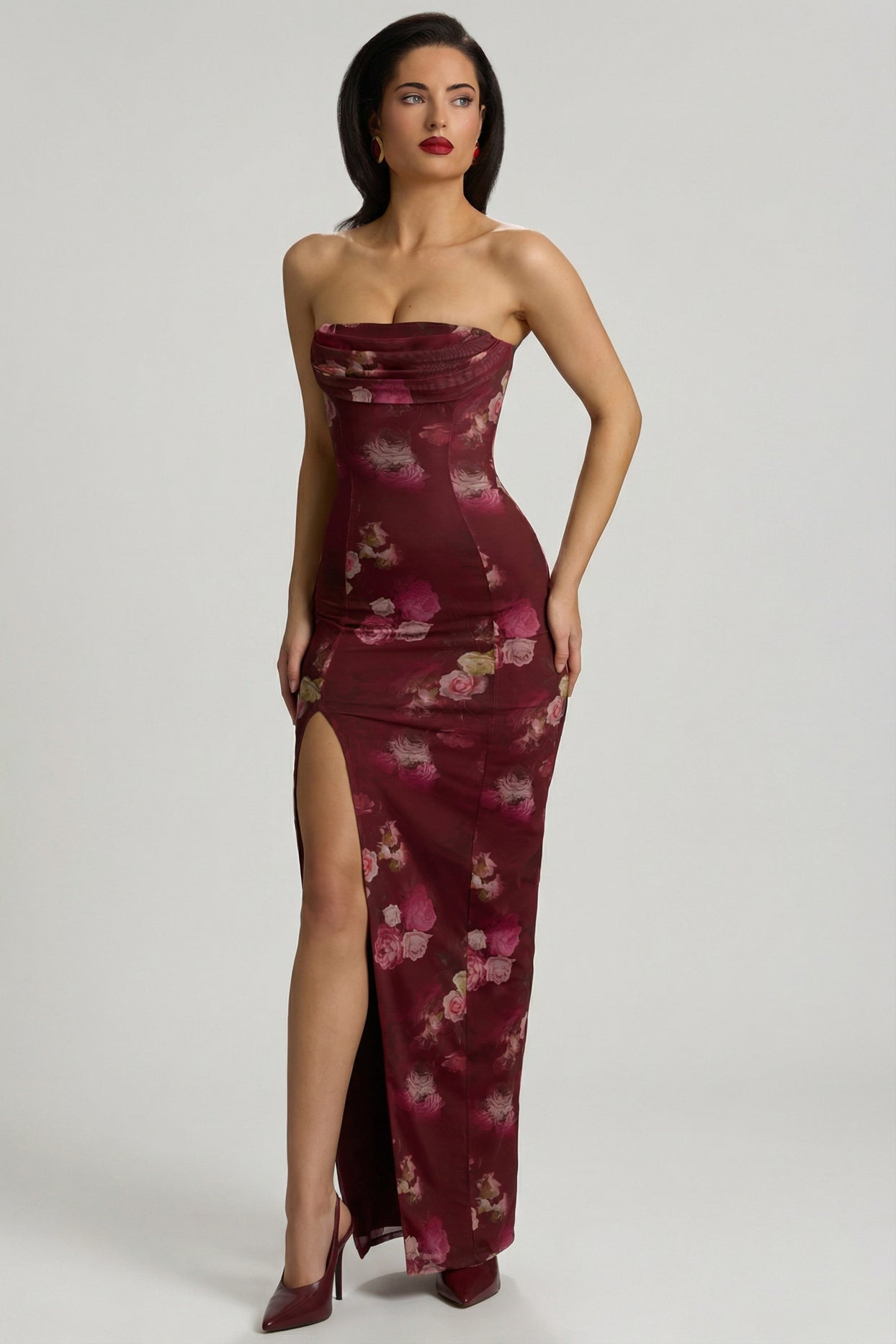 Bandeau Cowl-Neck Maxi Dress in Maroon Floral Print - 4