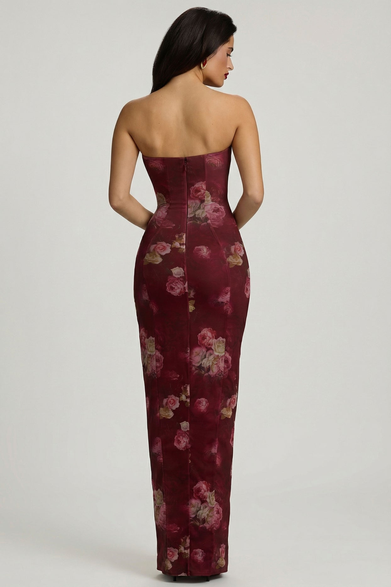 Bandeau Cowl-Neck Maxi Dress in Maroon Floral Print - 3