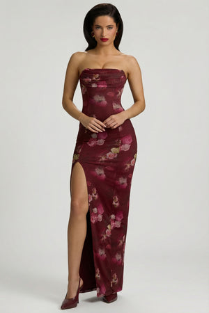 Oh Polly's Renee wearing the Somina Maxi Dress in Maroon Floral Print Mesh fabric perfect for rooftop dinners