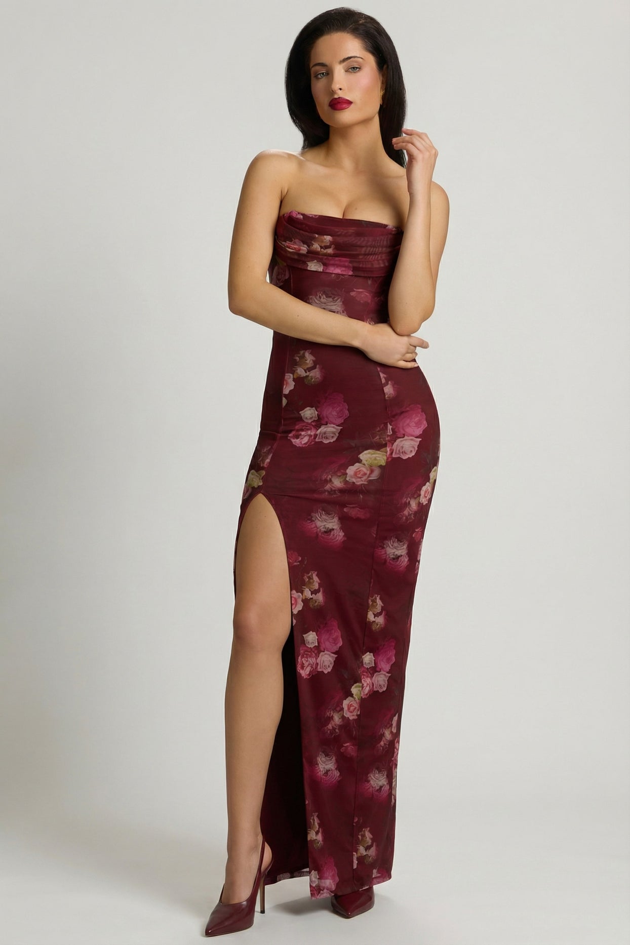 Bandeau Cowl-Neck Maxi Dress in Maroon Floral Print - 7