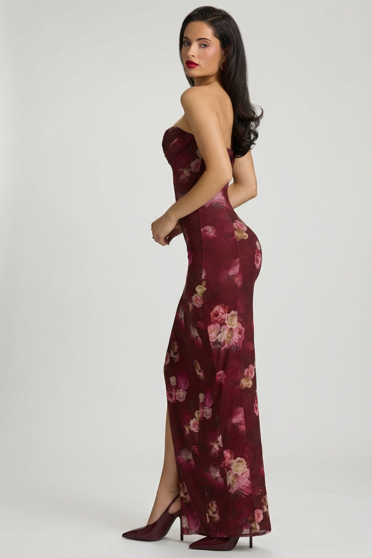 Bandeau Cowl-Neck Maxi Dress in Maroon Floral Print - 8