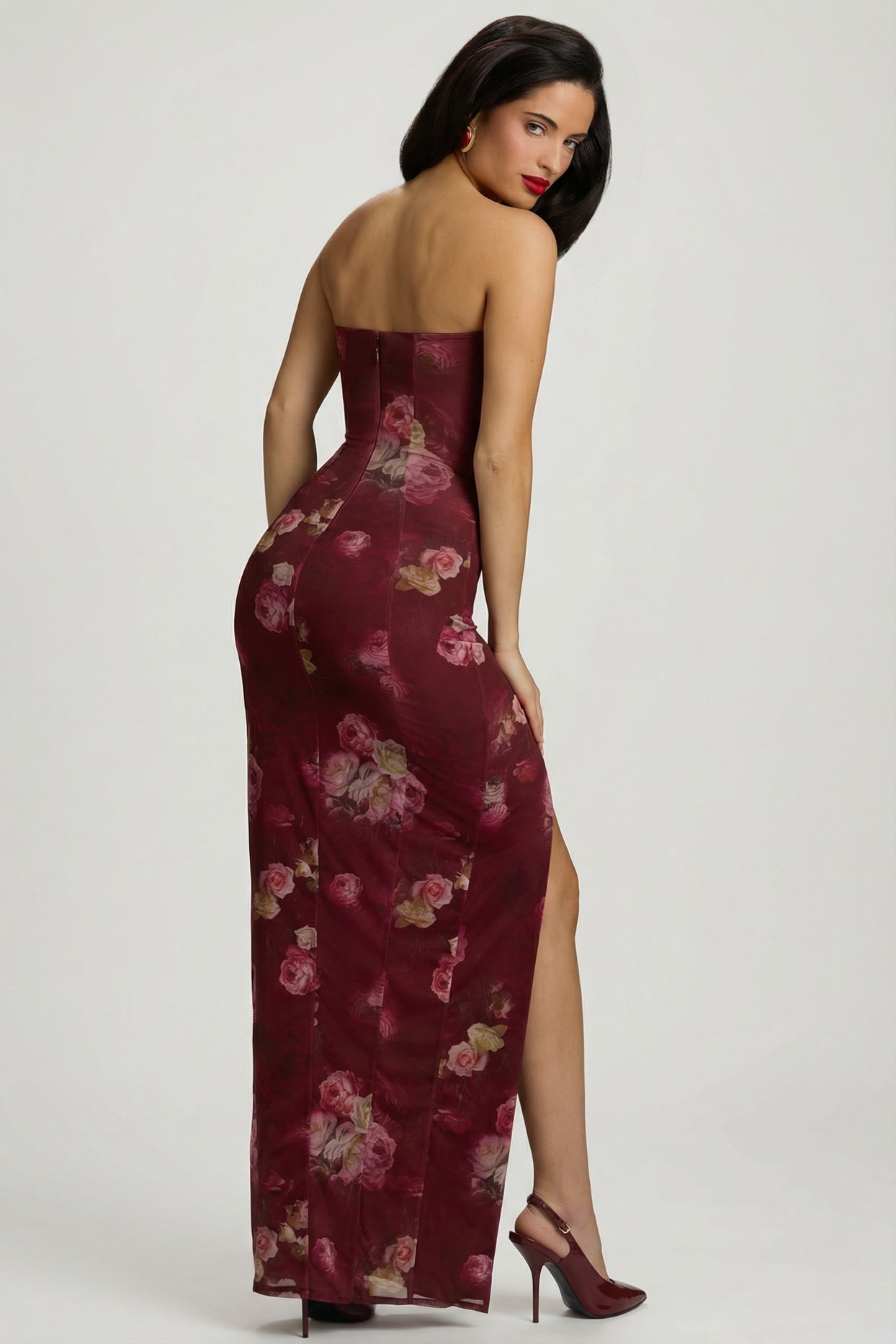 Bandeau Cowl-Neck Maxi Dress in Maroon Floral Print - 9