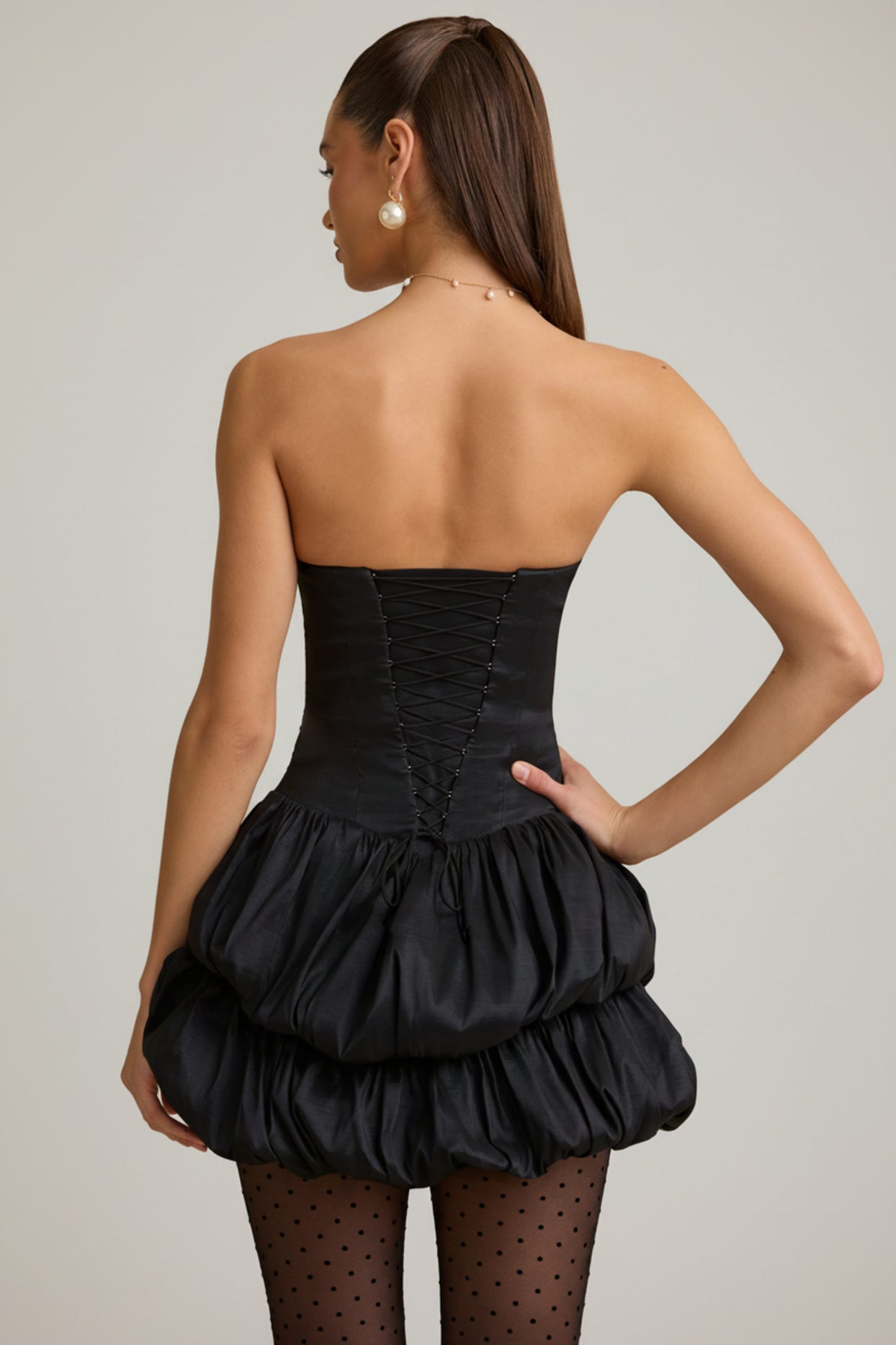 Satin Bubble Hem Corset Mini Dress in Black - 2