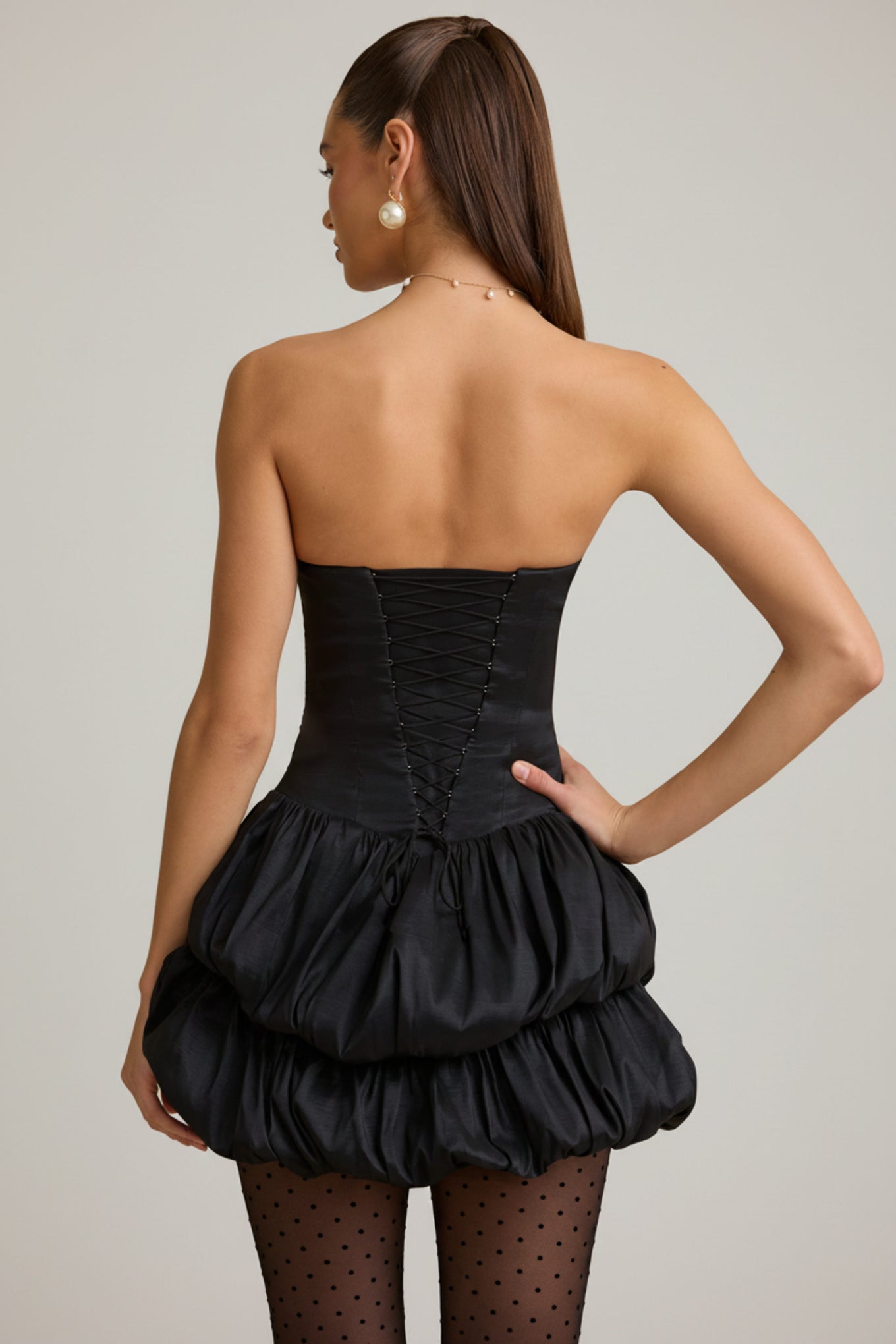 Satin Bubble Hem Corset Mini Dress in Black - 2