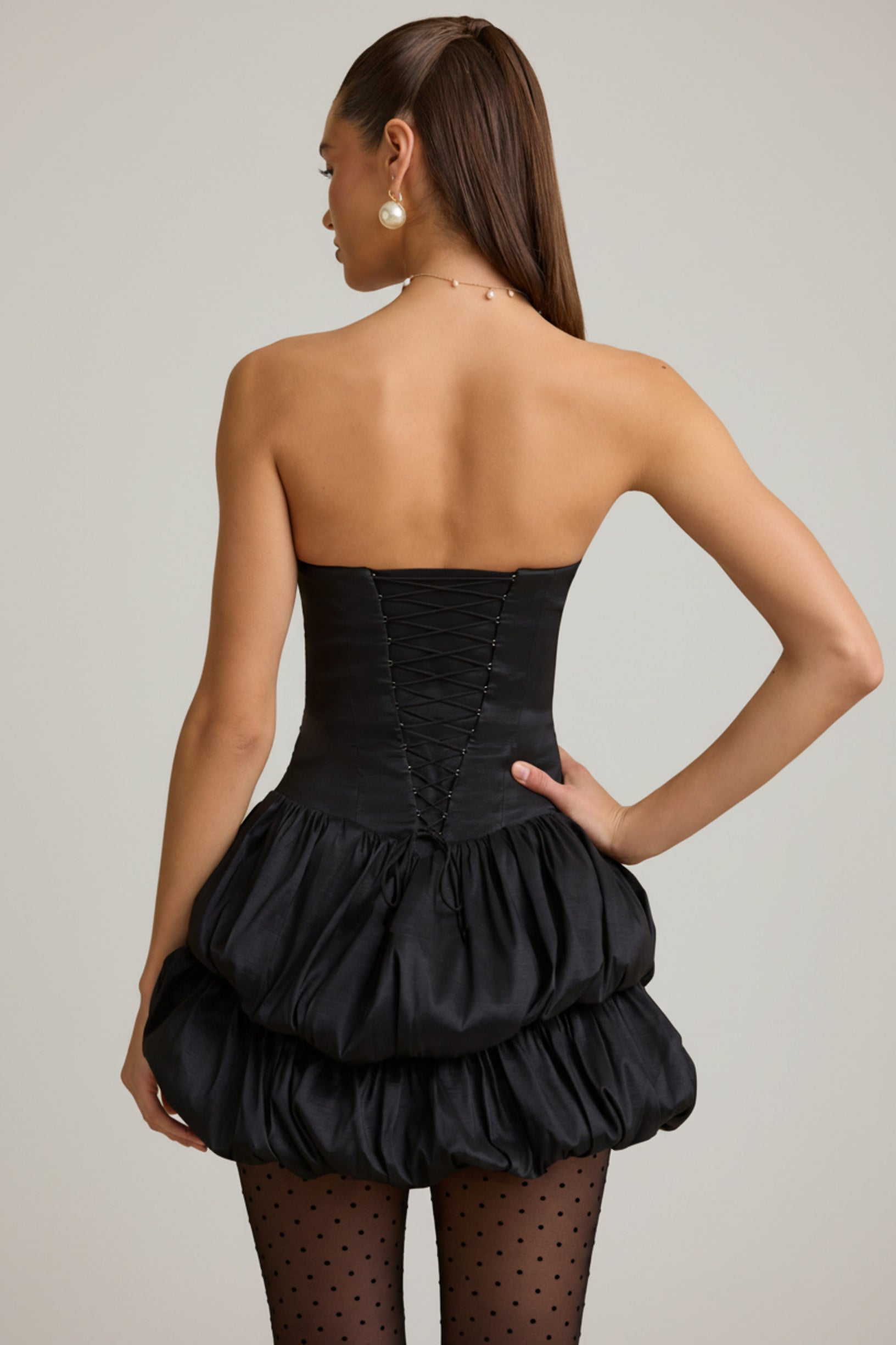 Satin Bubble Hem Corset Mini Dress in Black - 2
