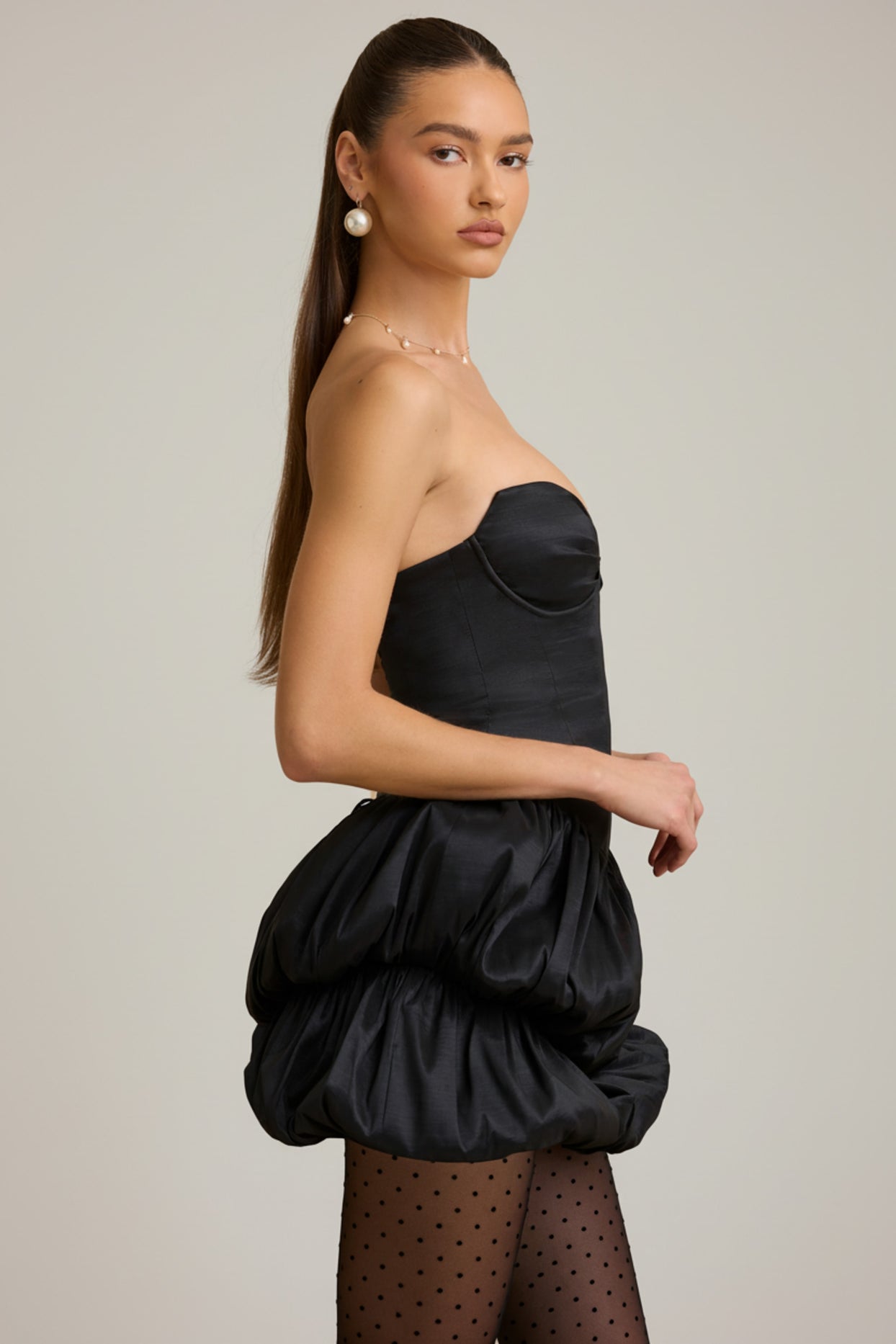 Satin Bubble Hem Corset Mini Dress in Black - 3
