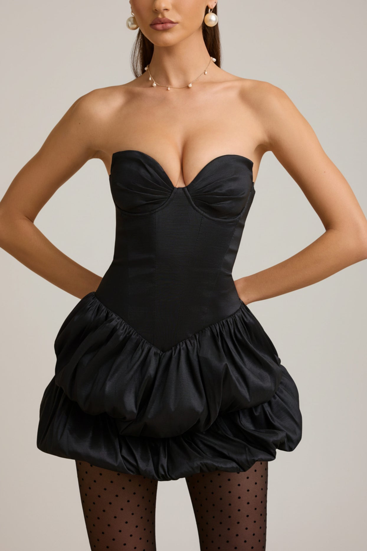 Satin Bubble Hem Corset Mini Dress in Black - 4