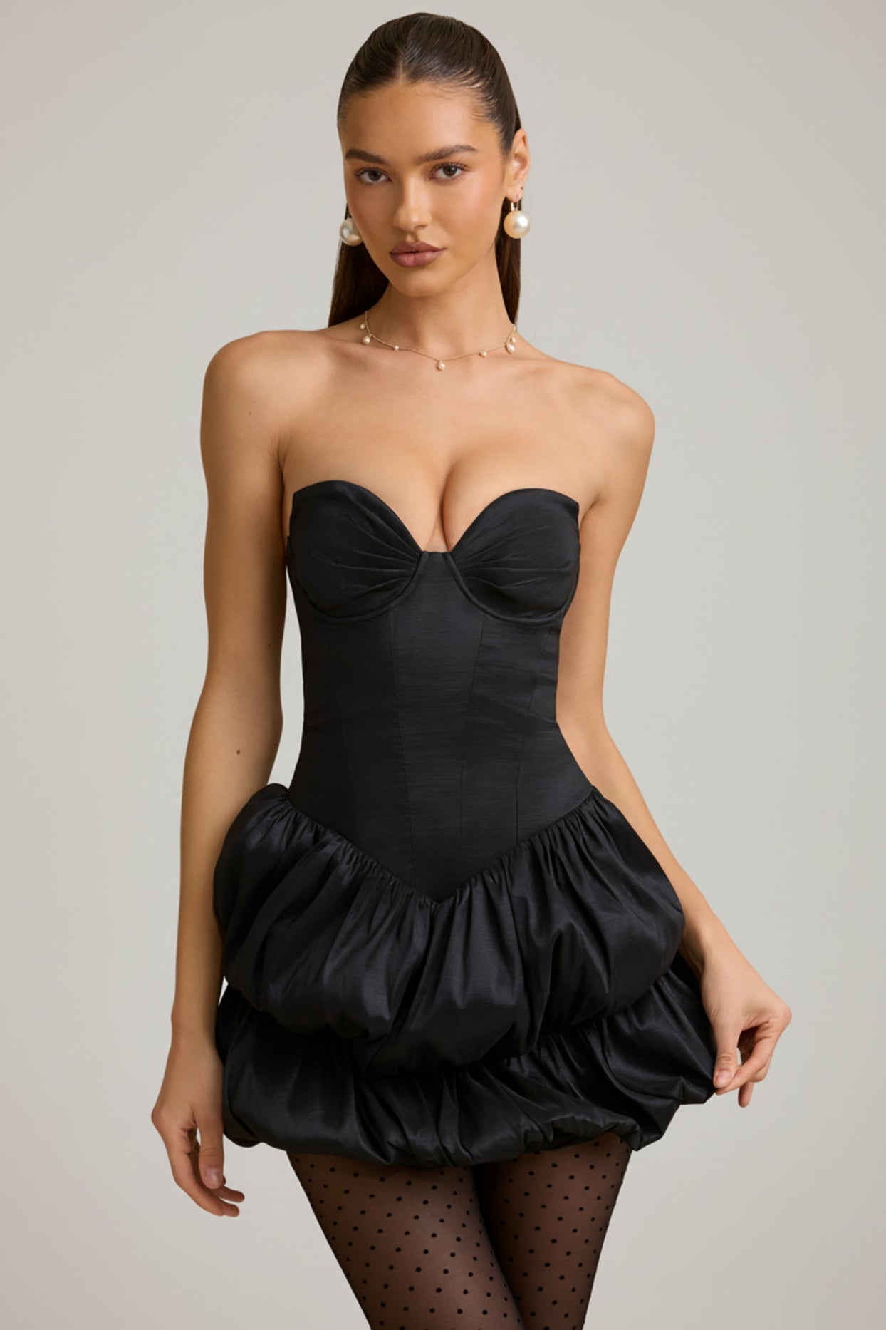 Satin Bubble Hem Corset Mini Dress in Black - 1