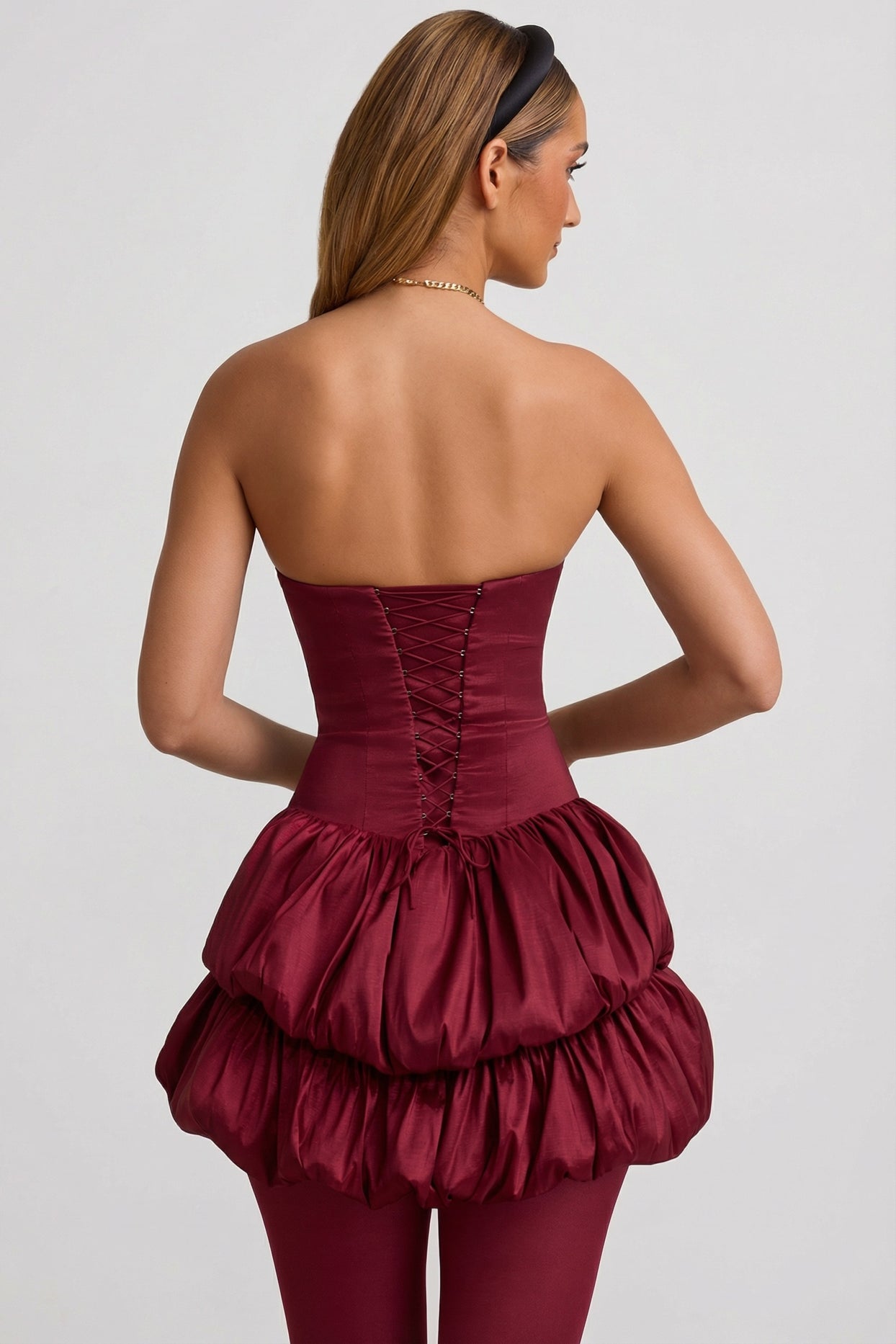 Satin Bubble Hem Corset Mini Dress in Wine Red - 2