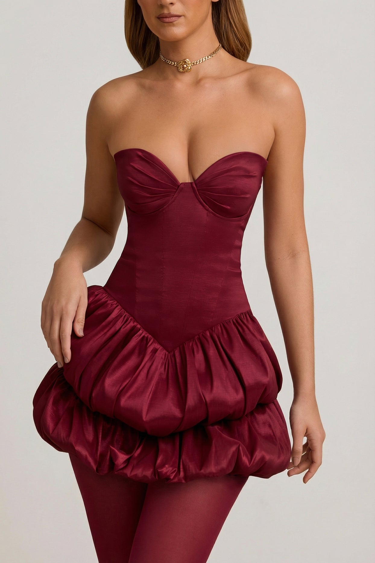 Satin Bubble Hem Corset Mini Dress in Wine Red - 3